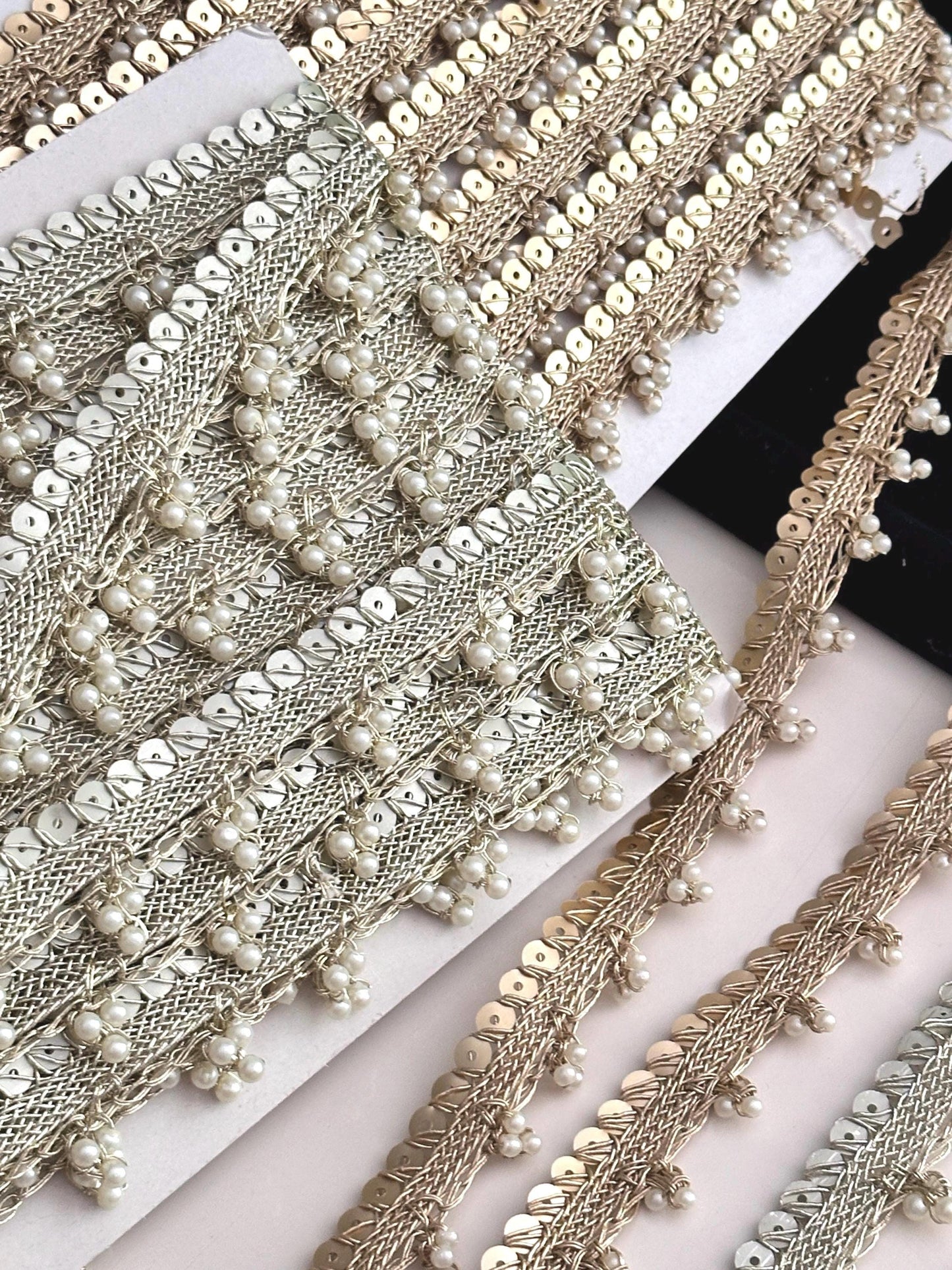 Pearl Beaded Lace Metallic Sequin Trim Pearl Lace Border Bridal Costume Trim Tassel Pearl Edging Lace