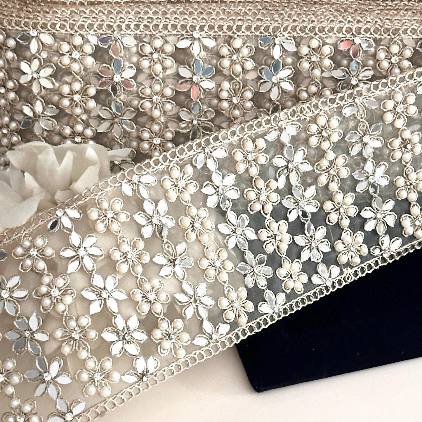 Pearl Mirror Embellished zircon lace trim Gold Flower Pattern Sari Ribbon