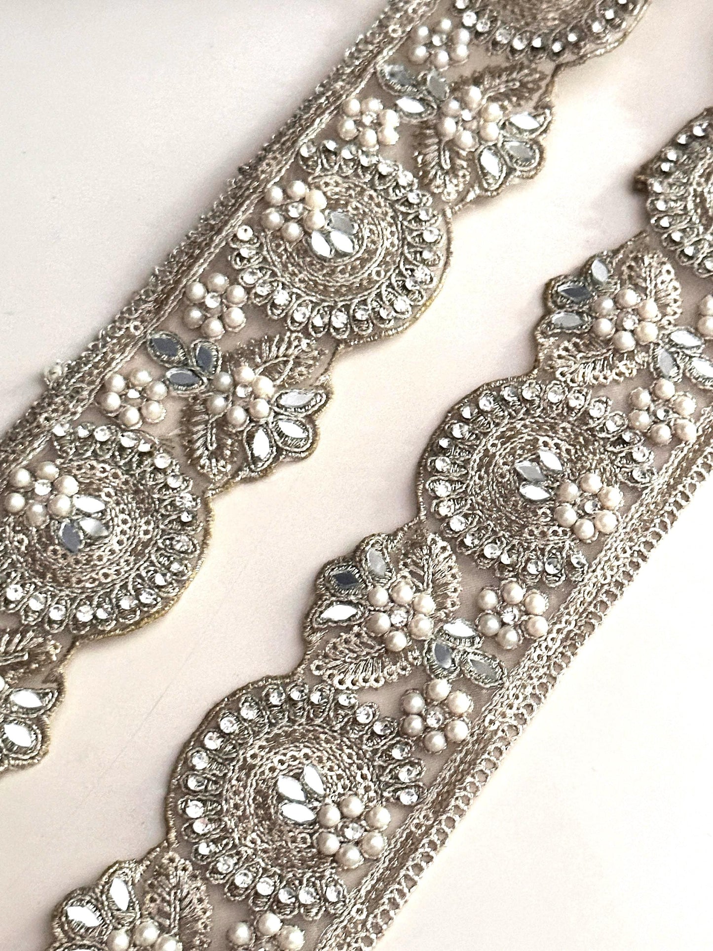 Luxury Light Pearl Zircon Embroidery Sari Border Edging Trim Wedding Dress Lace