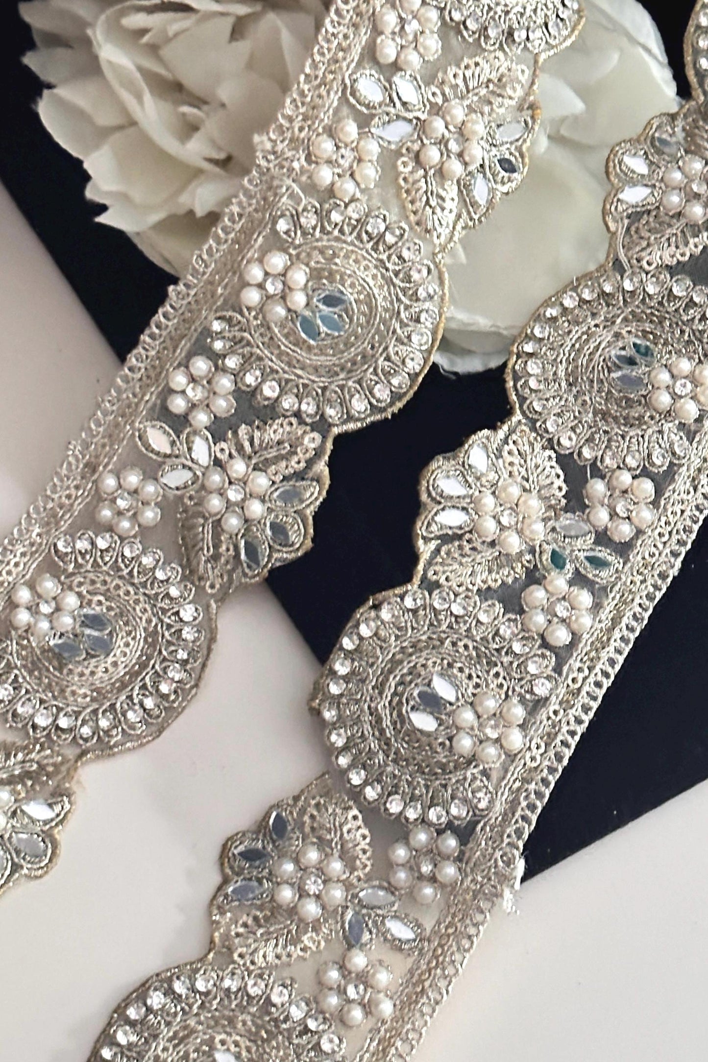 Luxury Light Pearl Zircon Embroidery Sari Border Edging Trim Wedding Dress Lace
