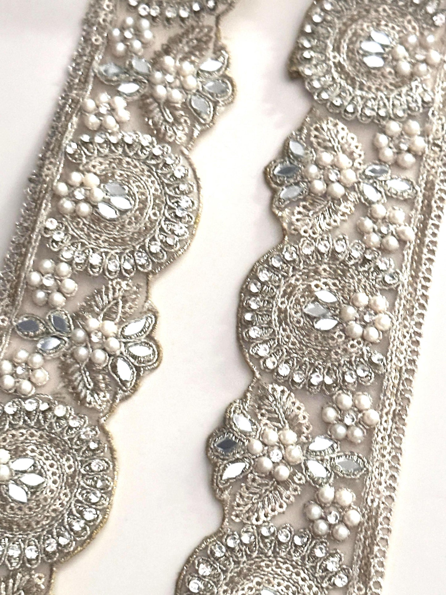 Luxury Light Pearl Zircon Embroidery Sari Border Edging Trim Wedding Dress Lace