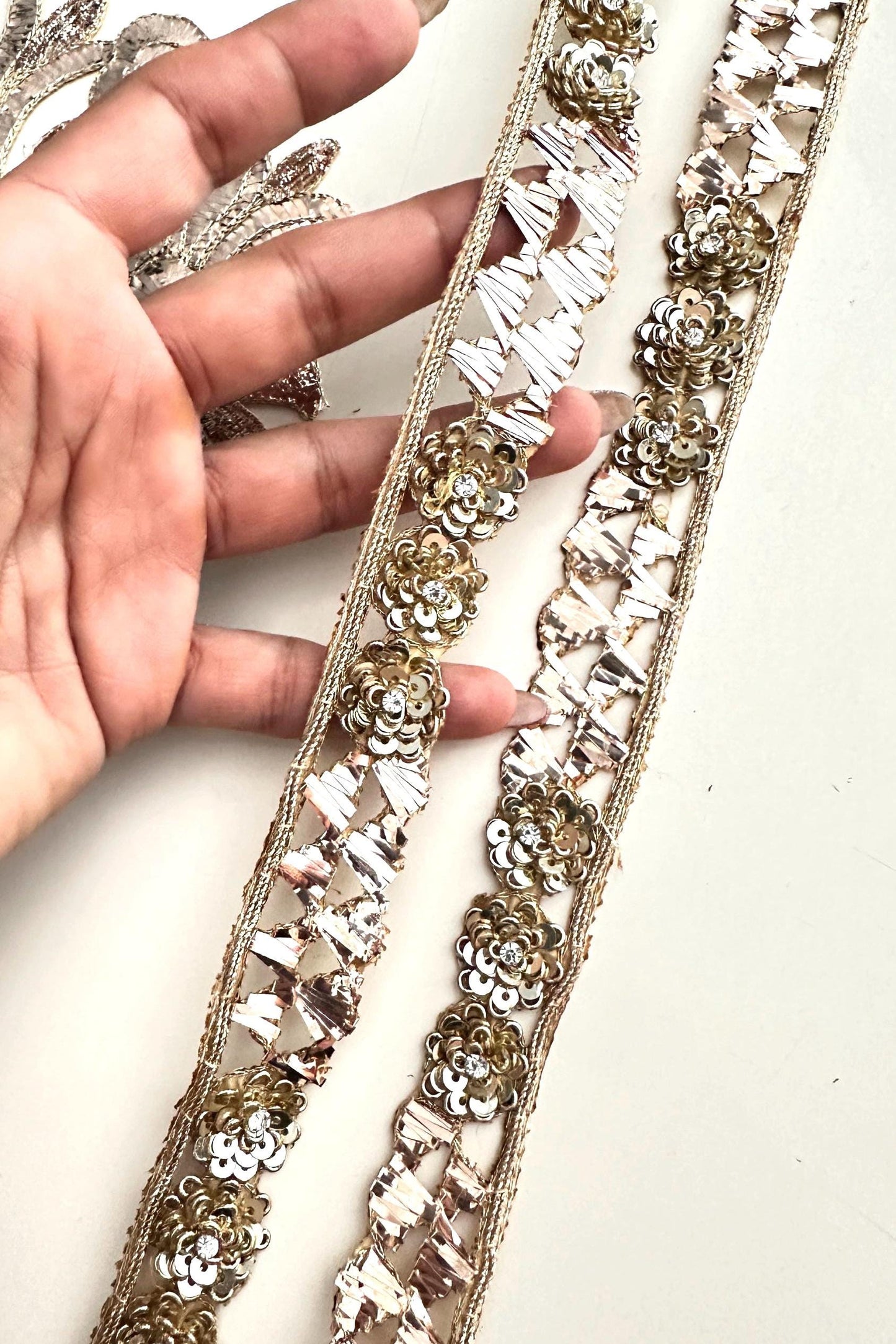 Vintage Look Handmade Sequin Lace Metallic ThreadWork Gold Trim