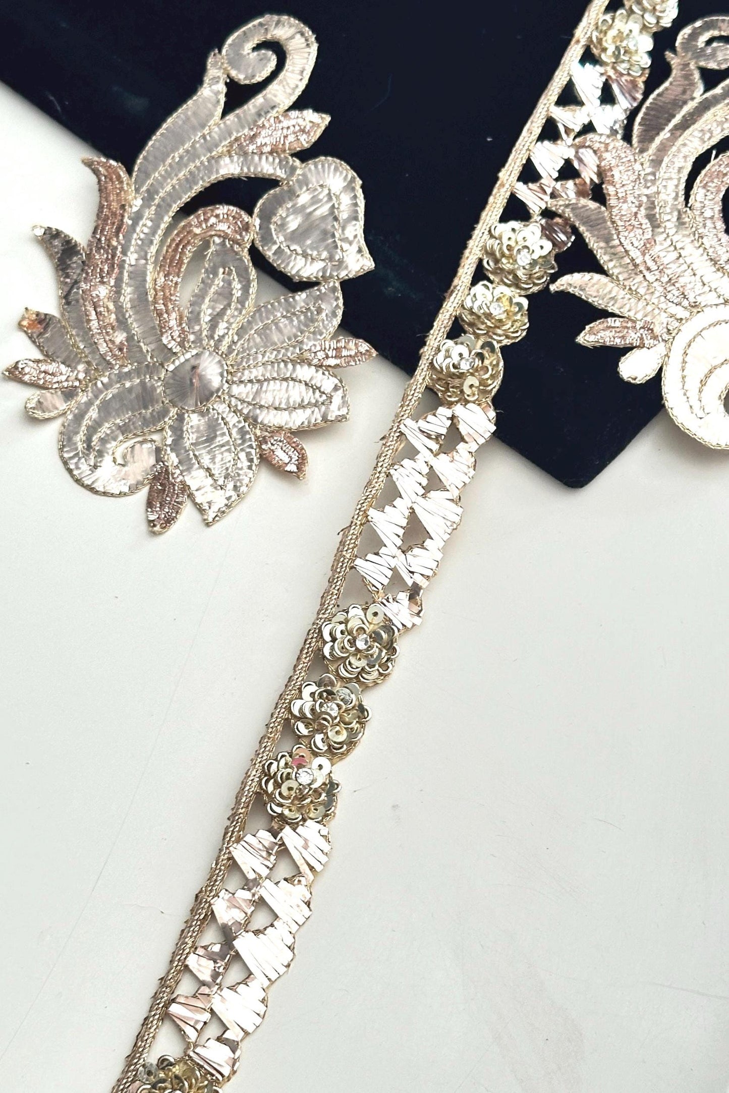 Vintage Look Handmade Sequin Lace Metallic ThreadWork Gold Trim