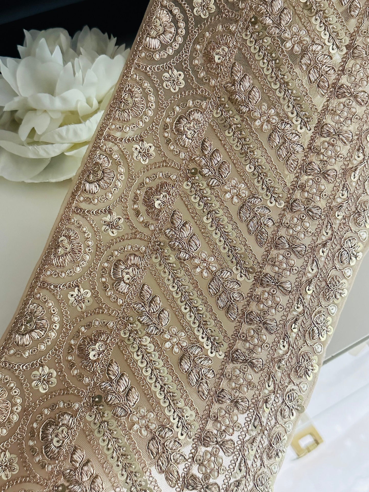"15cm cream and gold lace trim with pearls, mirrors, and sequin embroidery, perfect for bridal and festive decor."