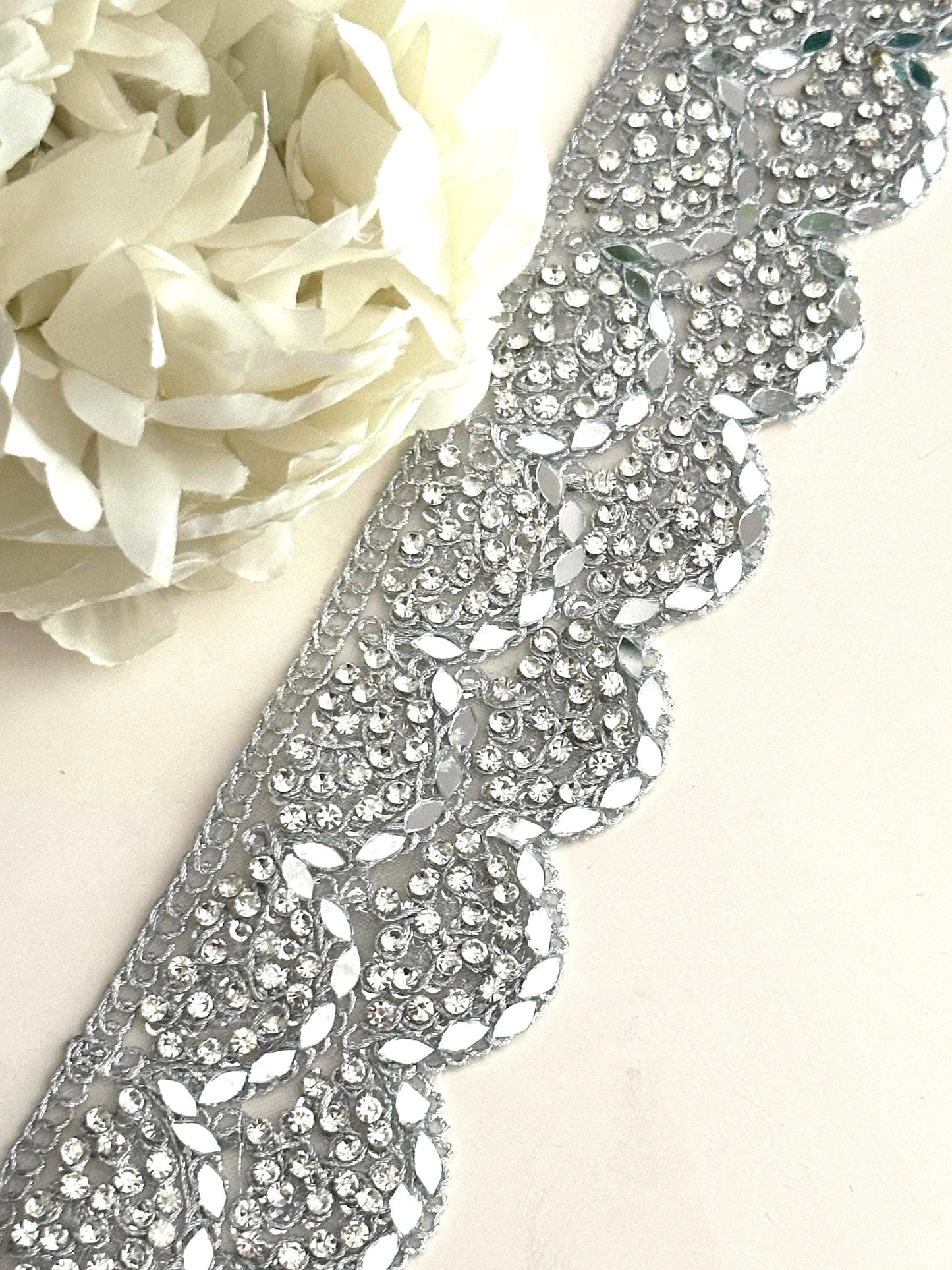 Zircon and Mirror Indian Trim Embellished Metallic Silver Sari trim