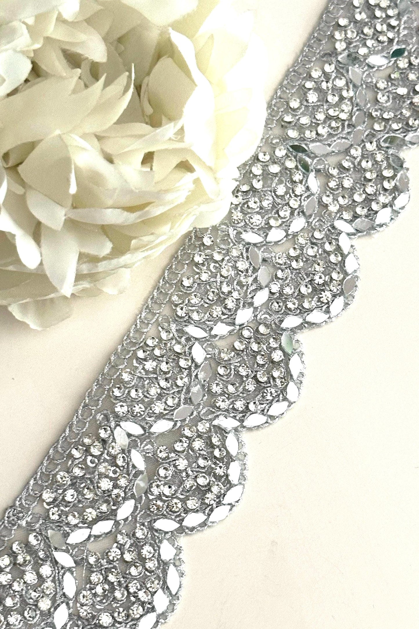 Zircon and Mirror Indian Trim Embellished Metallic Silver Sari trim