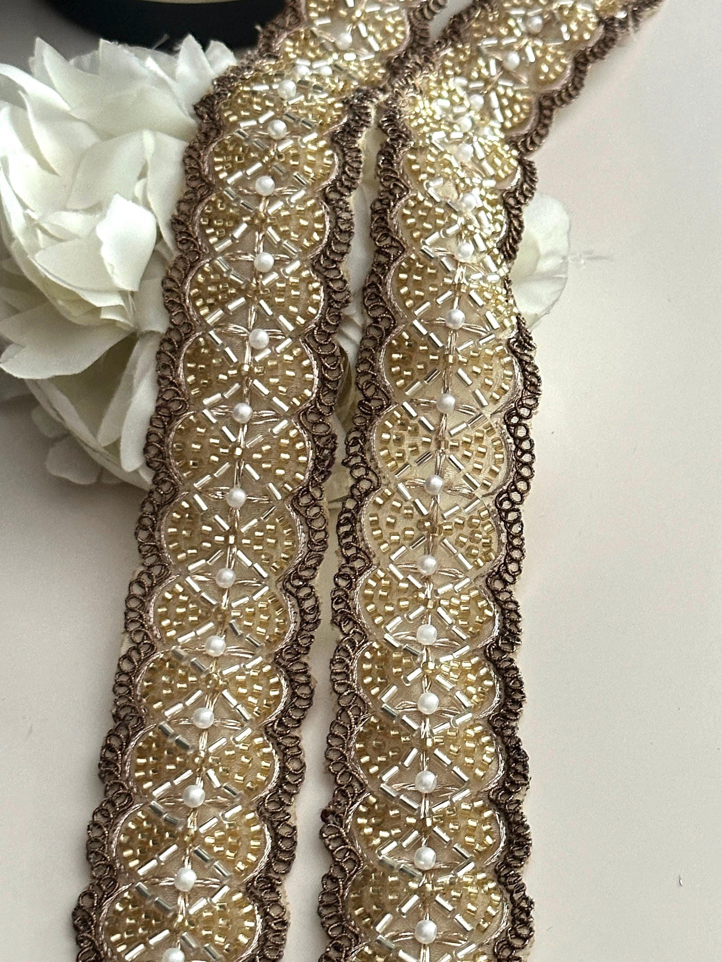 Glass Bead Pearl Embellished 4cm Bridal Lace Trim Indian Embroidered Band