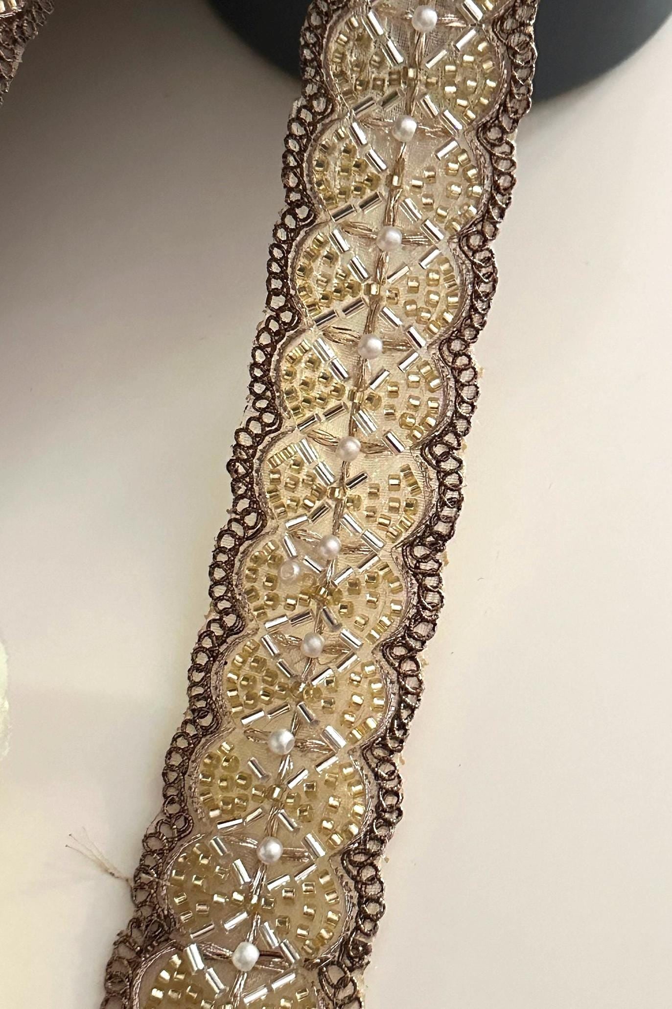 Glass Bead Pearl Embellished 4cm Bridal Lace Trim Indian Embroidered Band