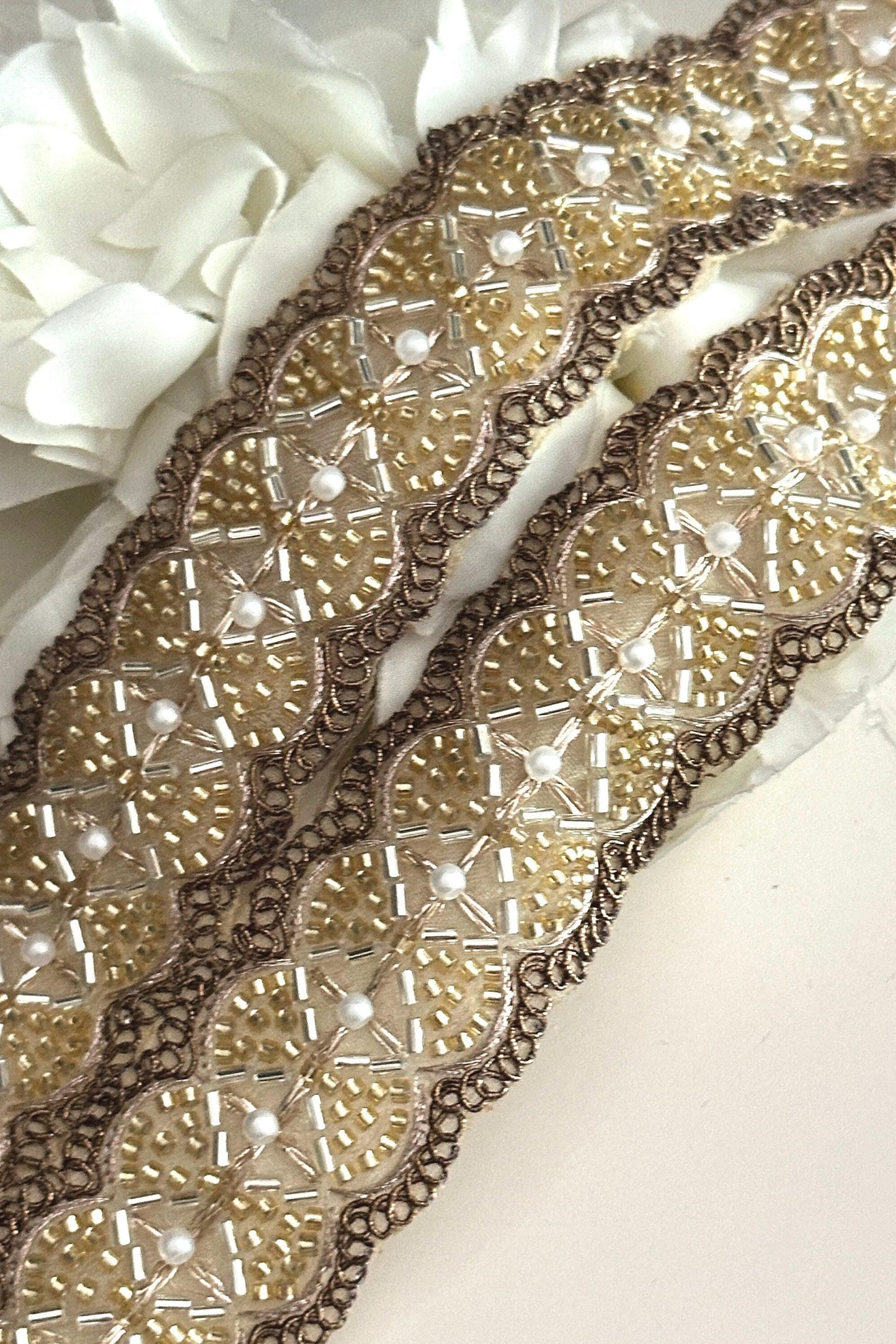 Glass Bead Pearl Embellished 4cm Bridal Lace Trim Indian Embroidered Band