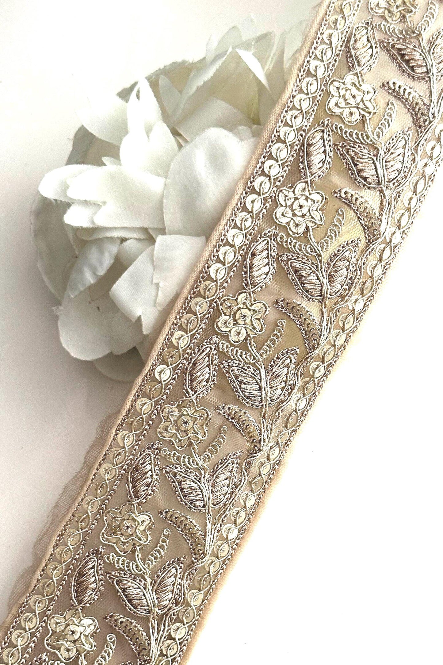 Light Gold Flower Zari Embroidery & Sequin Cutwork Traditional Indian Trim