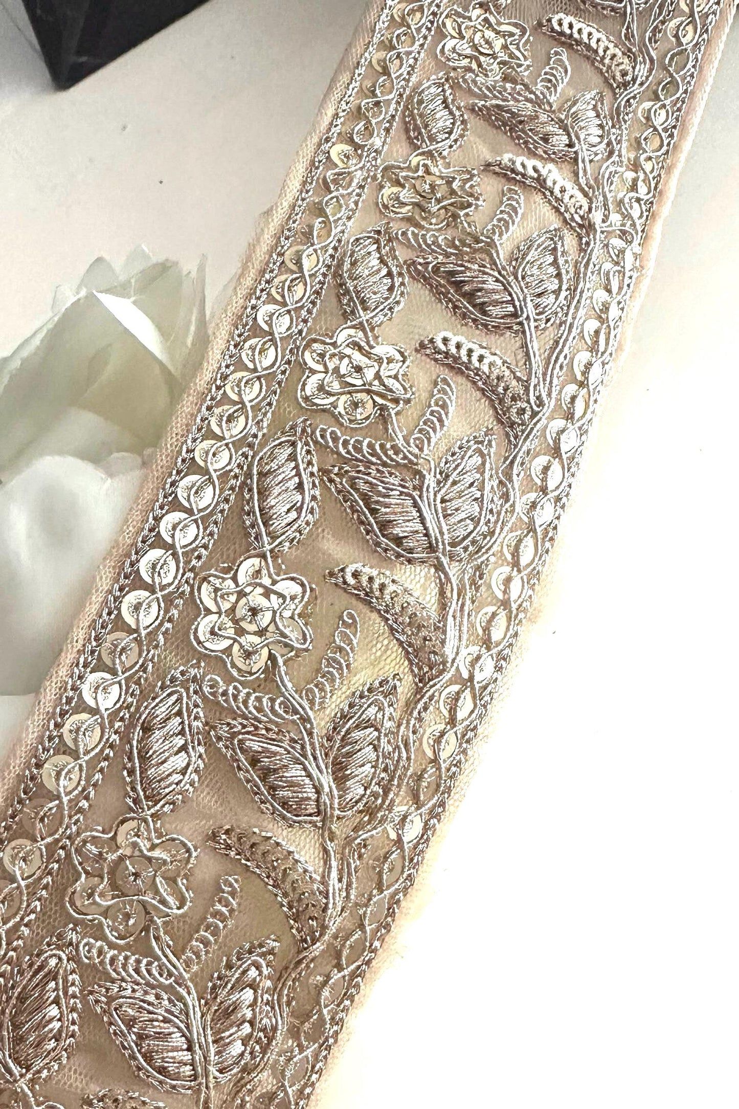 Light Gold Flower Zari Embroidery & Sequin Cutwork Traditional Indian Trim
