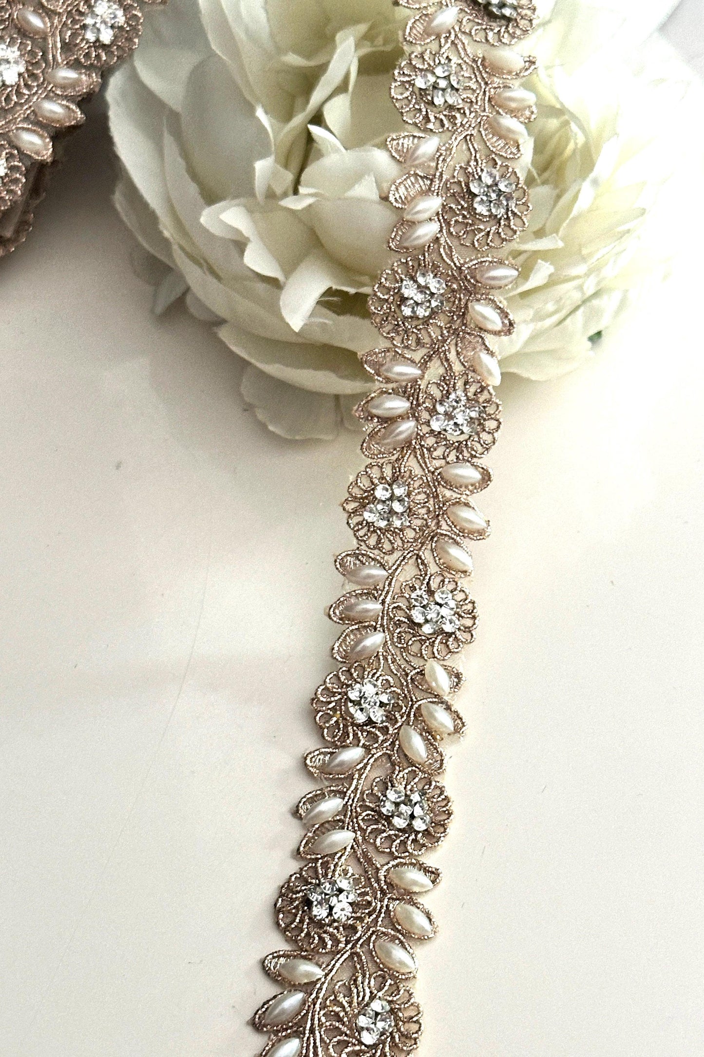 Rose Gold Pearl Crystal Embroidered Lace Pearl Embroidered Band Zari Embellish