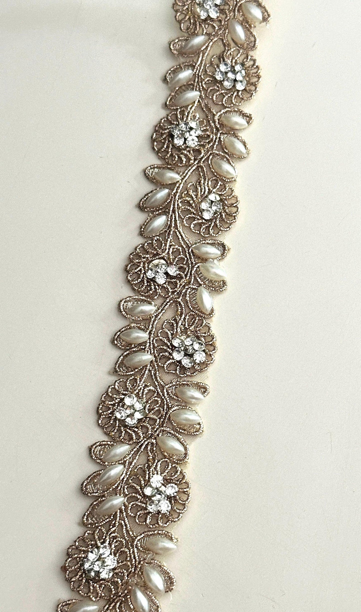 Rose Gold Pearl Crystal Embroidered Lace Pearl Embroidered Band Zari Embellish
