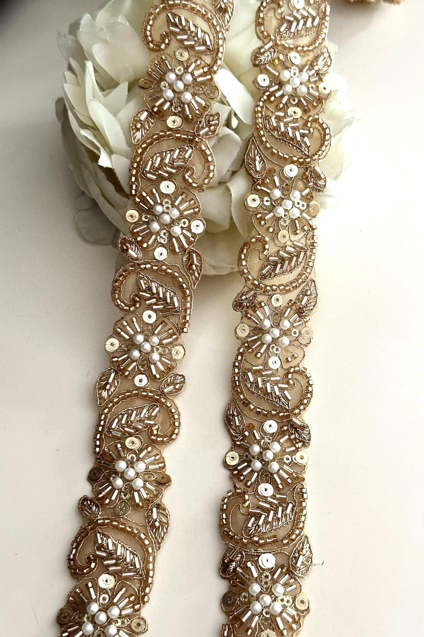 Gold Glass Bead Pearl 3cm Embellished Bridal Lace Crafting Cushion Trim