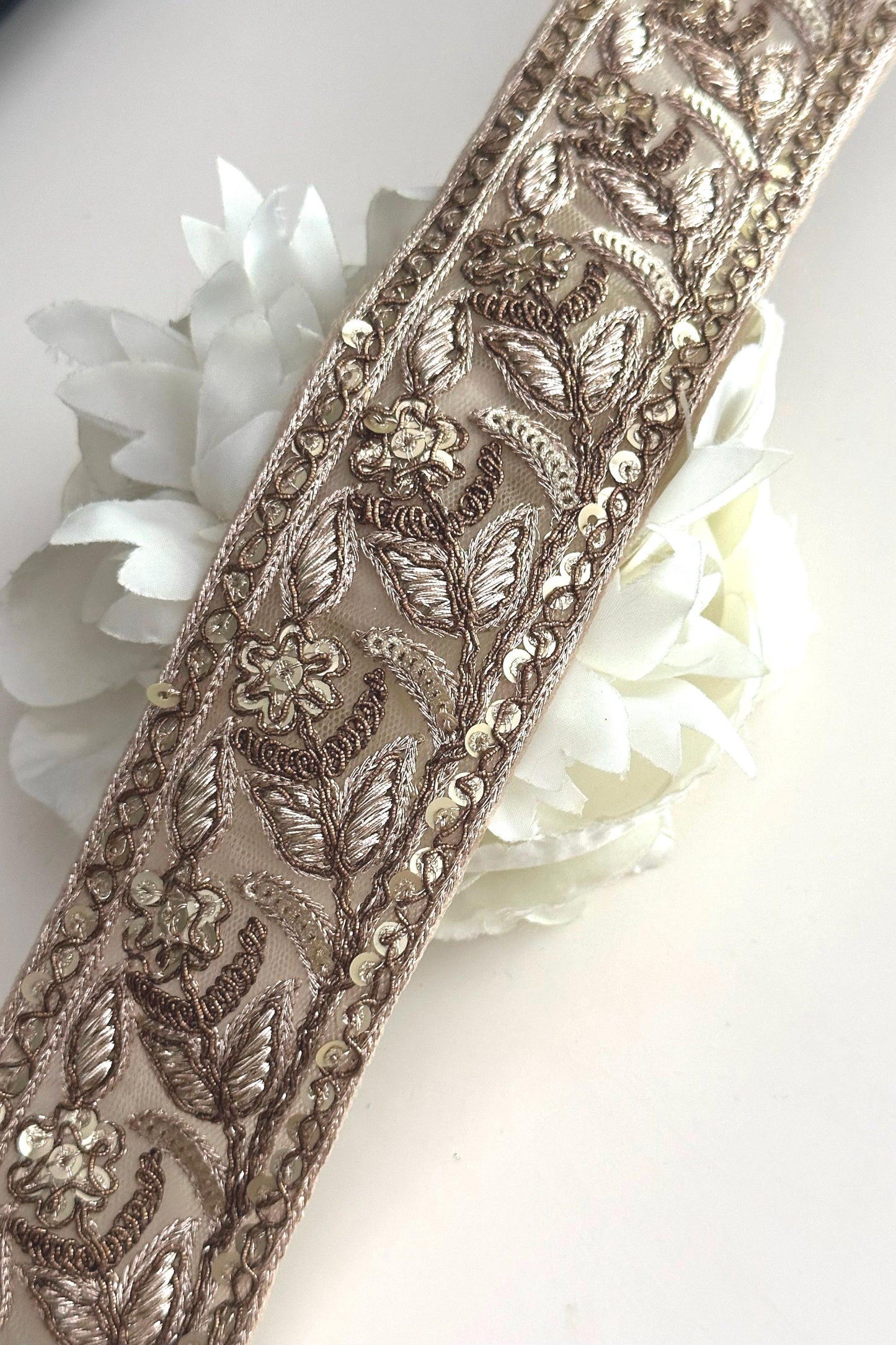 Antique Gold Flower Zari Embroidery & Sequin Embossed Trim Traditional Indian Ribbon
