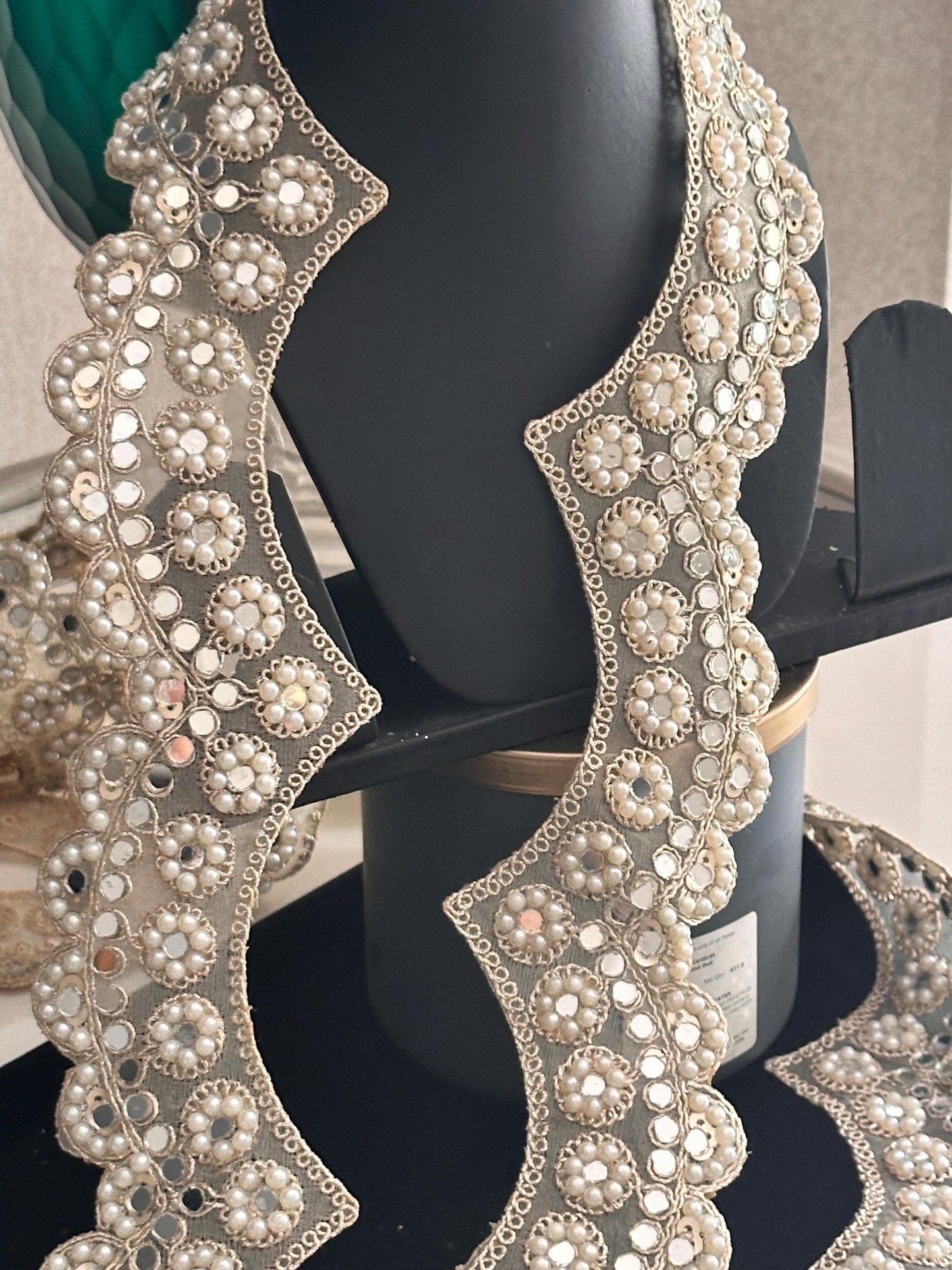 Scalloped Pale Gold Mirror Border 3cm Pearl Bead and mirror work