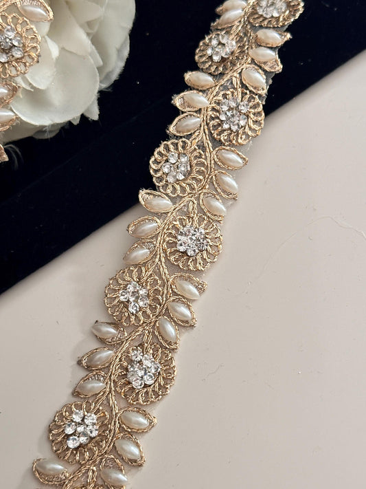 Rhinestone Pearl Beaded Lace Trim Rose Gold