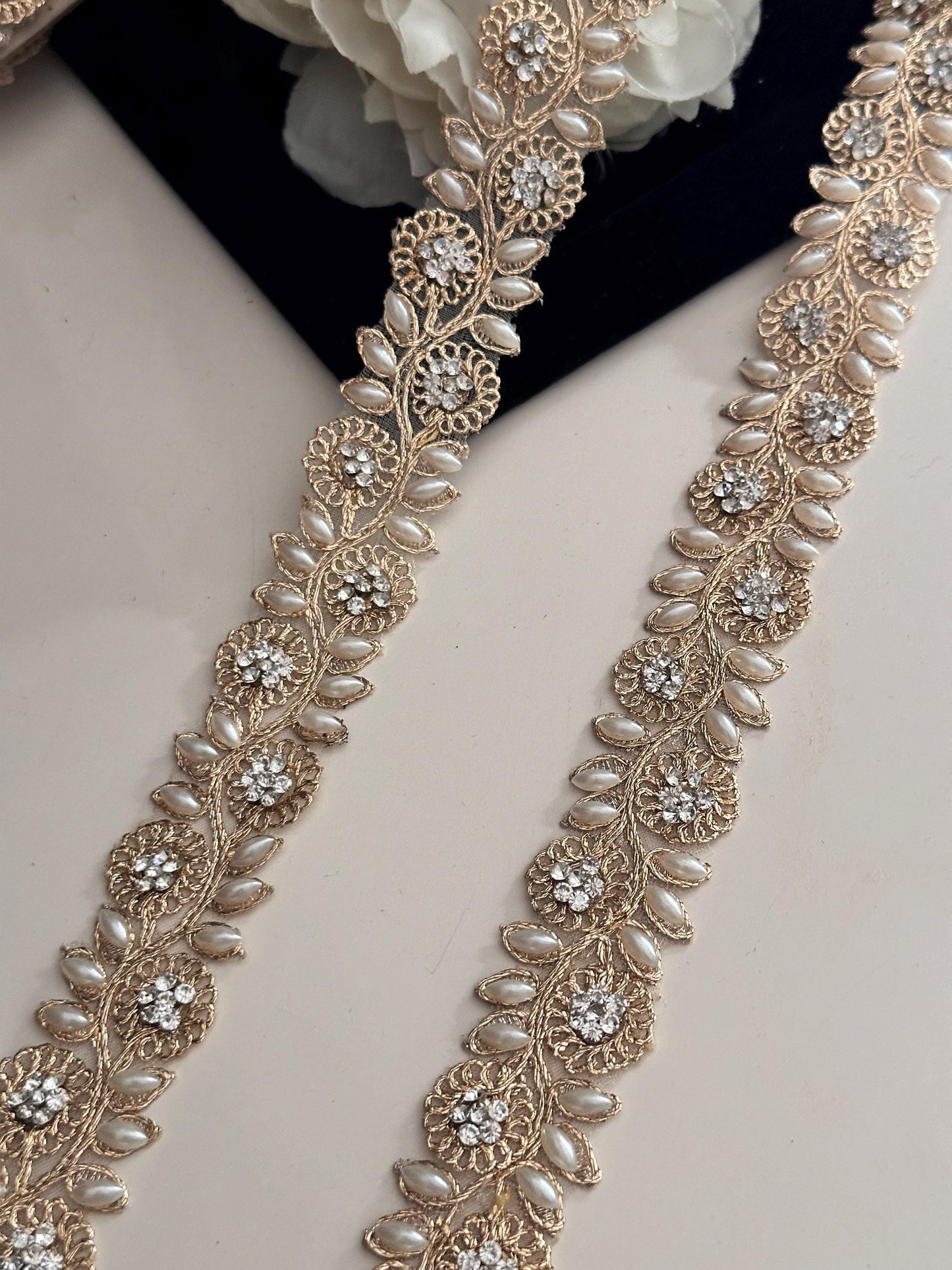 Pearl beaded lace trim with Rhinestone Thin Vine Bridal Sash Hair Accessory