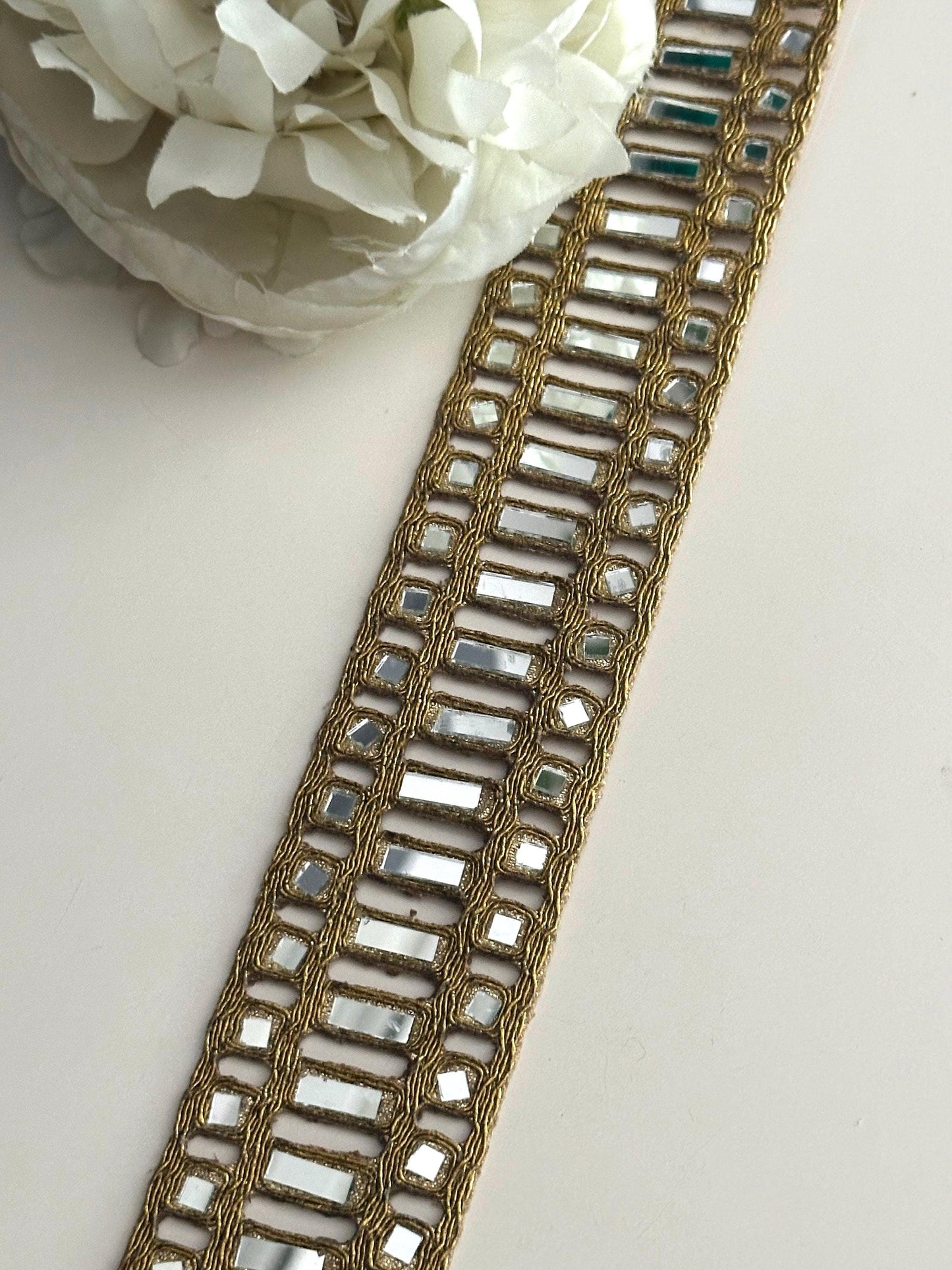 Indian Mirror Gold Hand Crafted Broad Mirror Work Border Jewelled Mirror Belts Kaftans