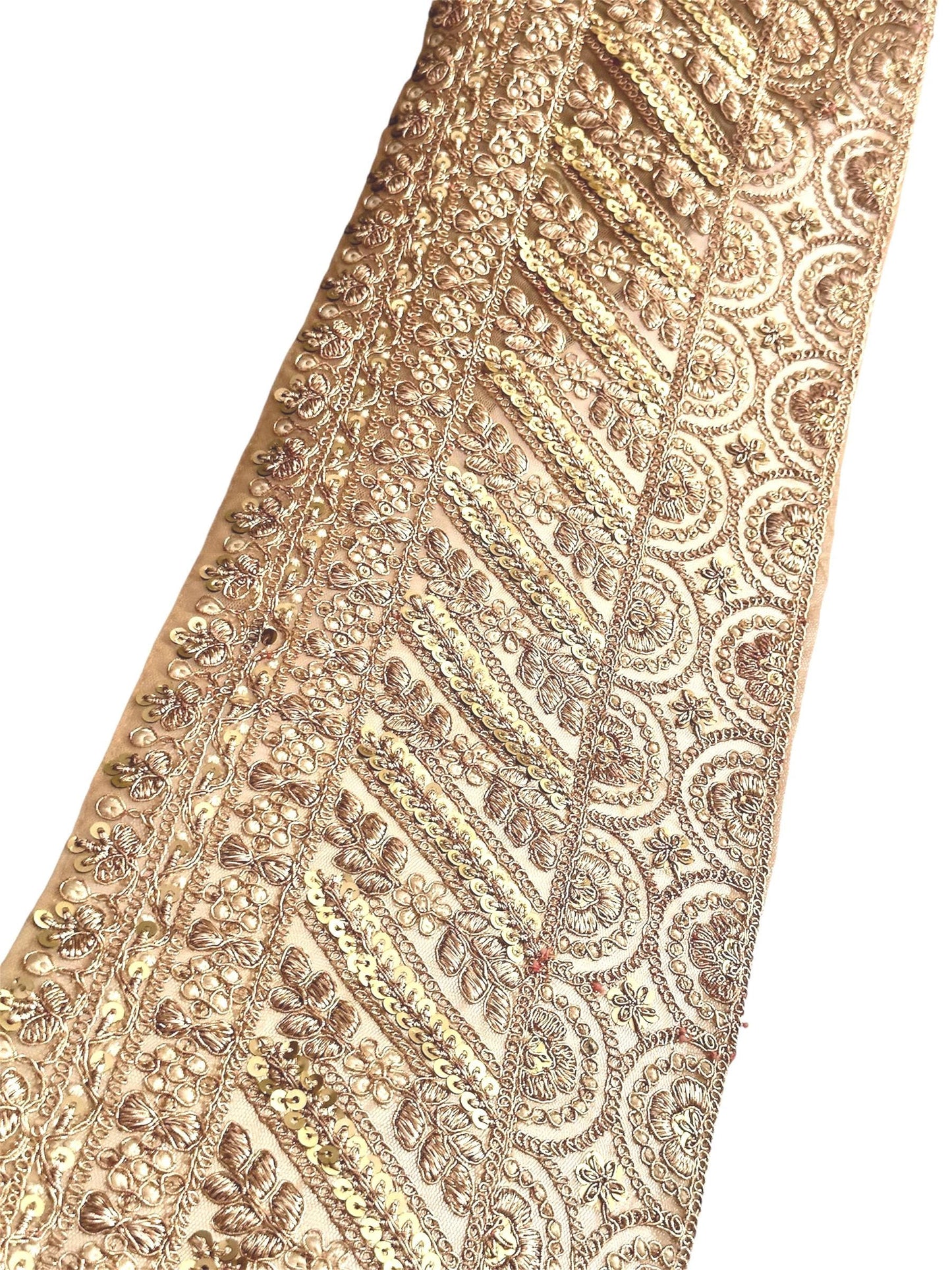 Light gold sequin bridal veil lace trim with zari threadwork, perfect for wedding veils and ball gowns.