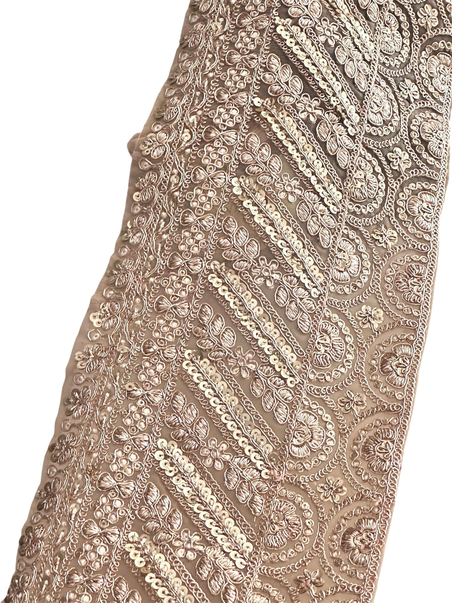 "Light gold sequin bridal veil lace trim with zari thread work,
"Luxurious zari and sequin embroidered lace trim for enhancing bridal veils, wedding gowns, and evening wear."