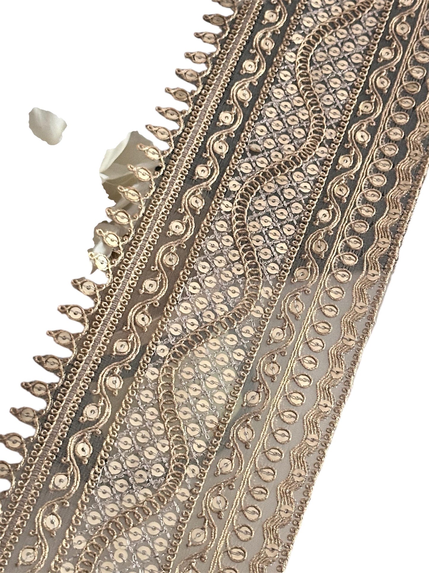 Bridal Veil Indian Zari Sequin Wedding Trim Scalloped Gold Sequin Work Floral Lace Trim