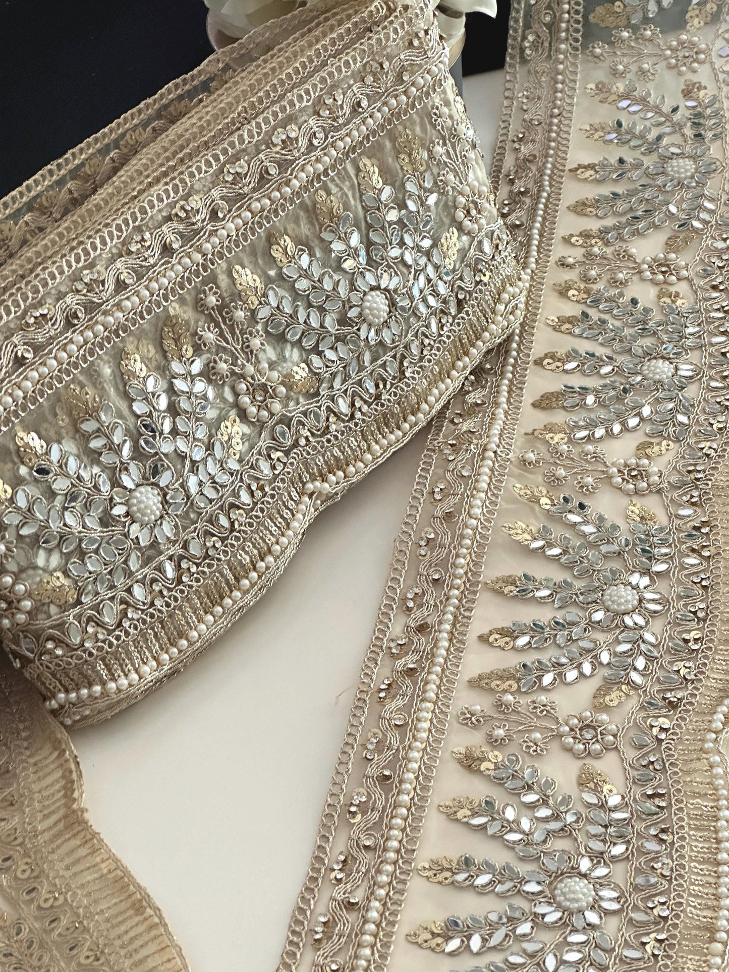Bridal Veil Lace Floral Lace Applique Trim Pearl & Mirror Cathedral Veil