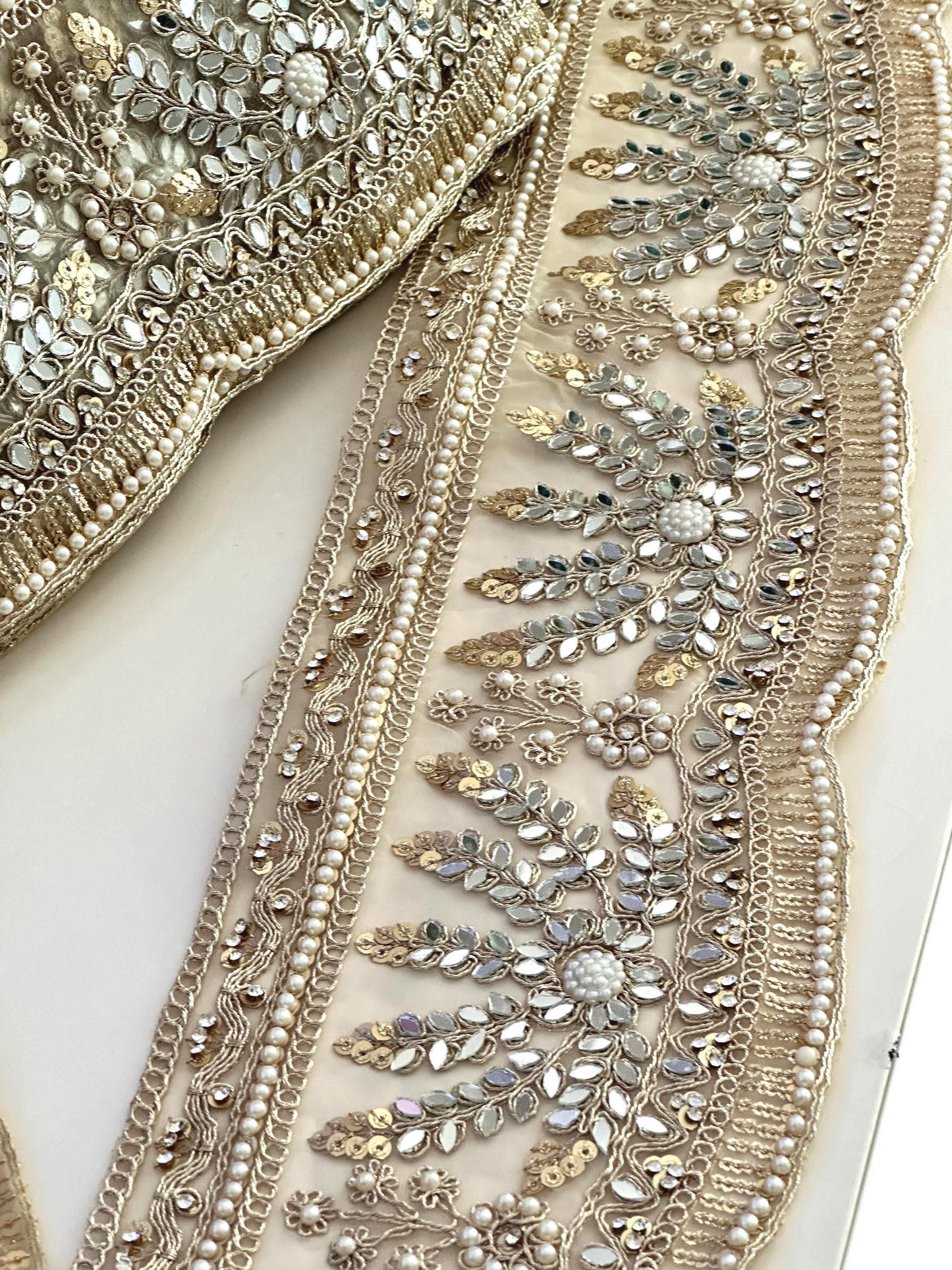 Bridal Veil Lace Floral Lace Applique Trim Pearl & Mirror Cathedral Veil