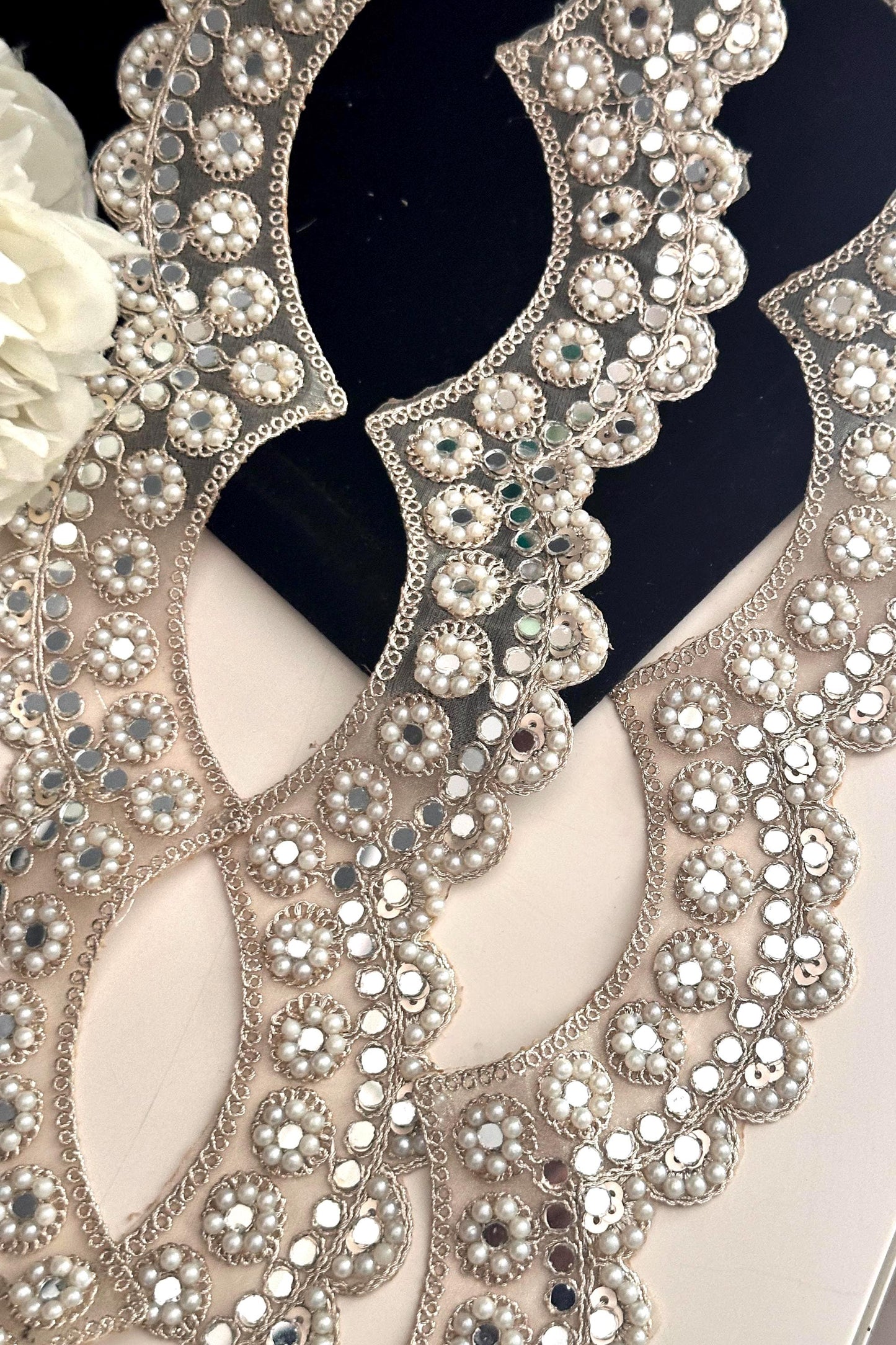 Scalloped Pale Gold Mirror Border 3cm Pearl Bead and mirror work