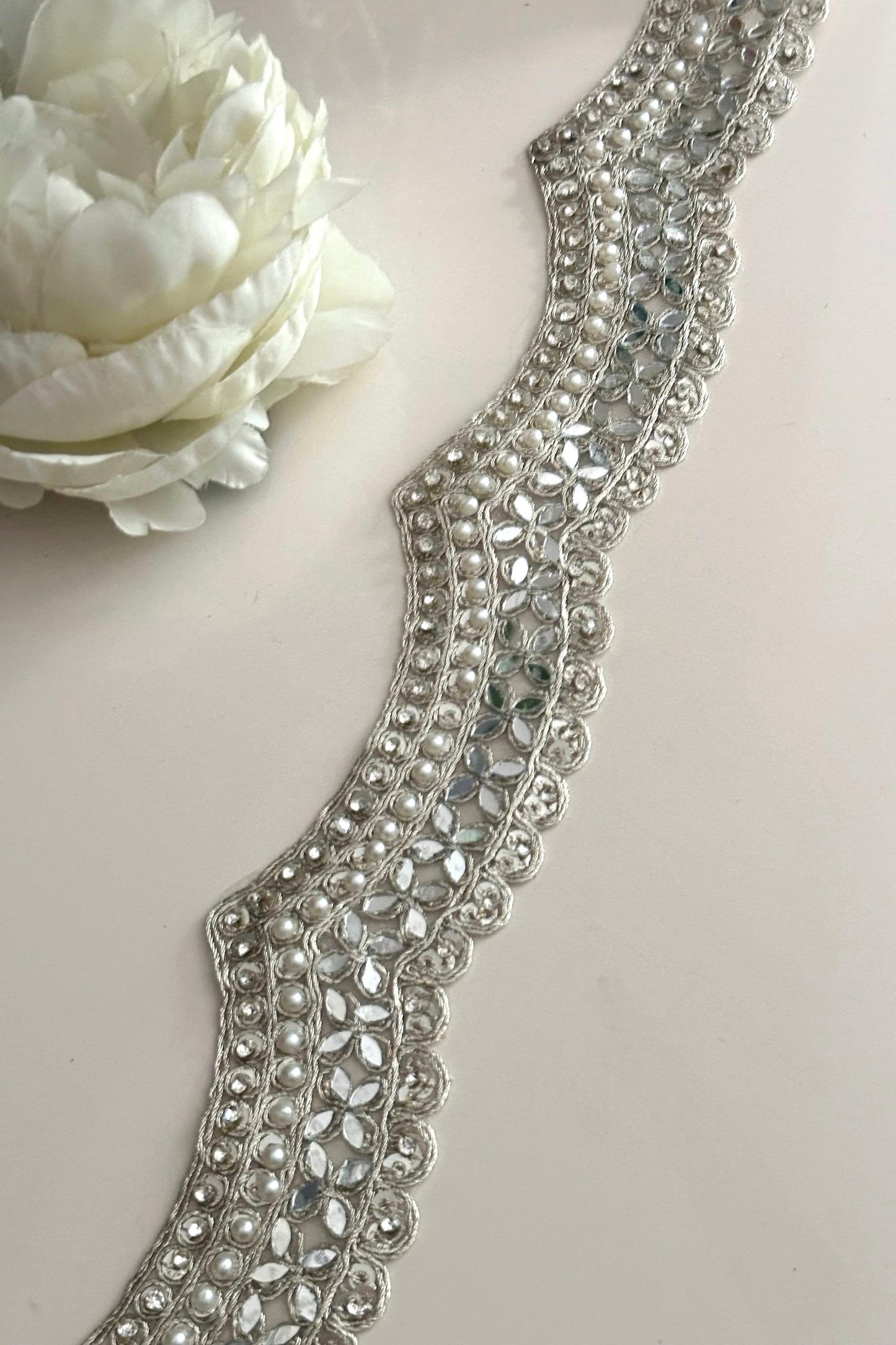 Scalloped embellished indian embroidered border Pearl mirror and zircon