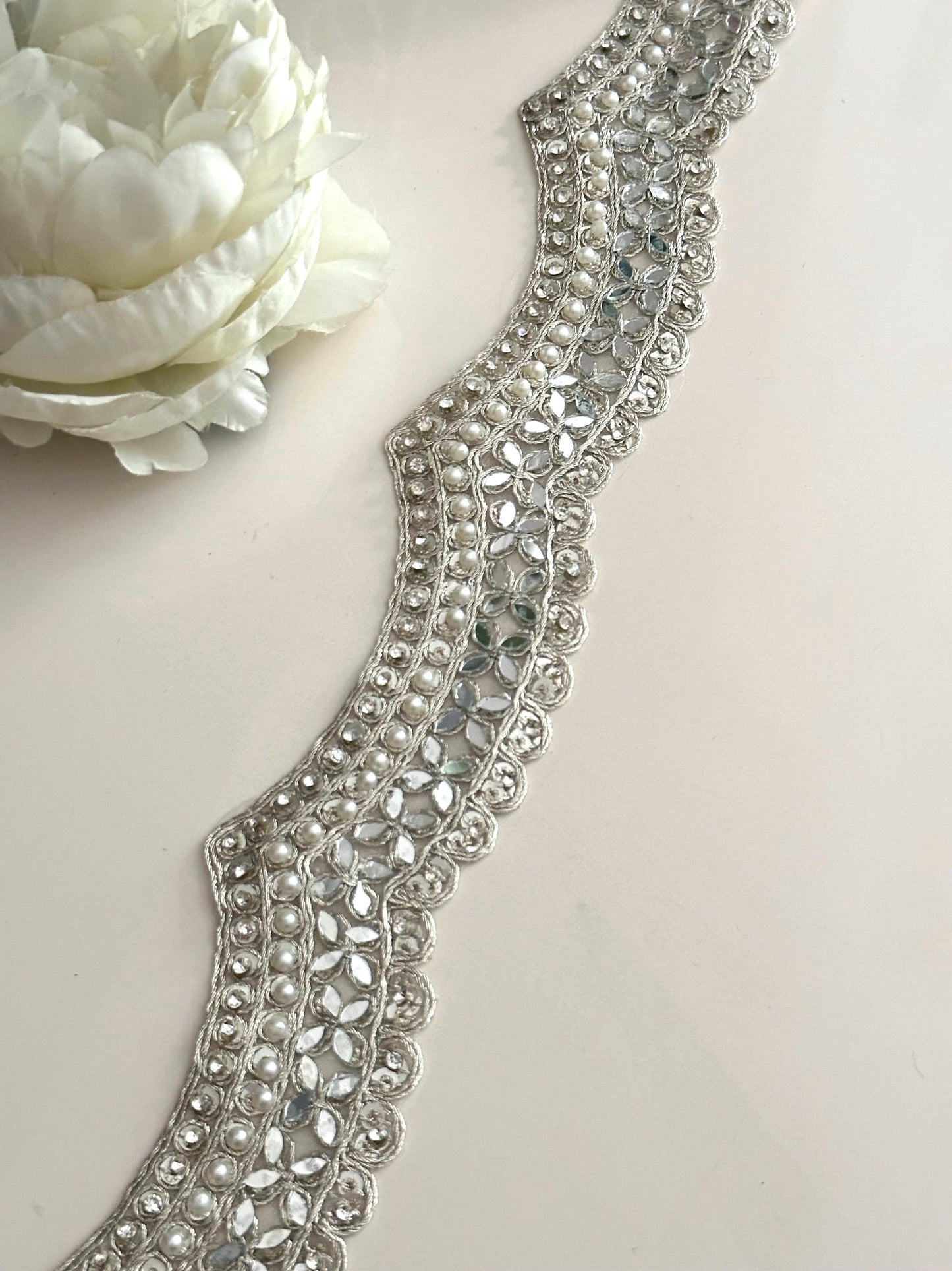 Scalloped embellished indian embroidered border Pearl mirror and zircon