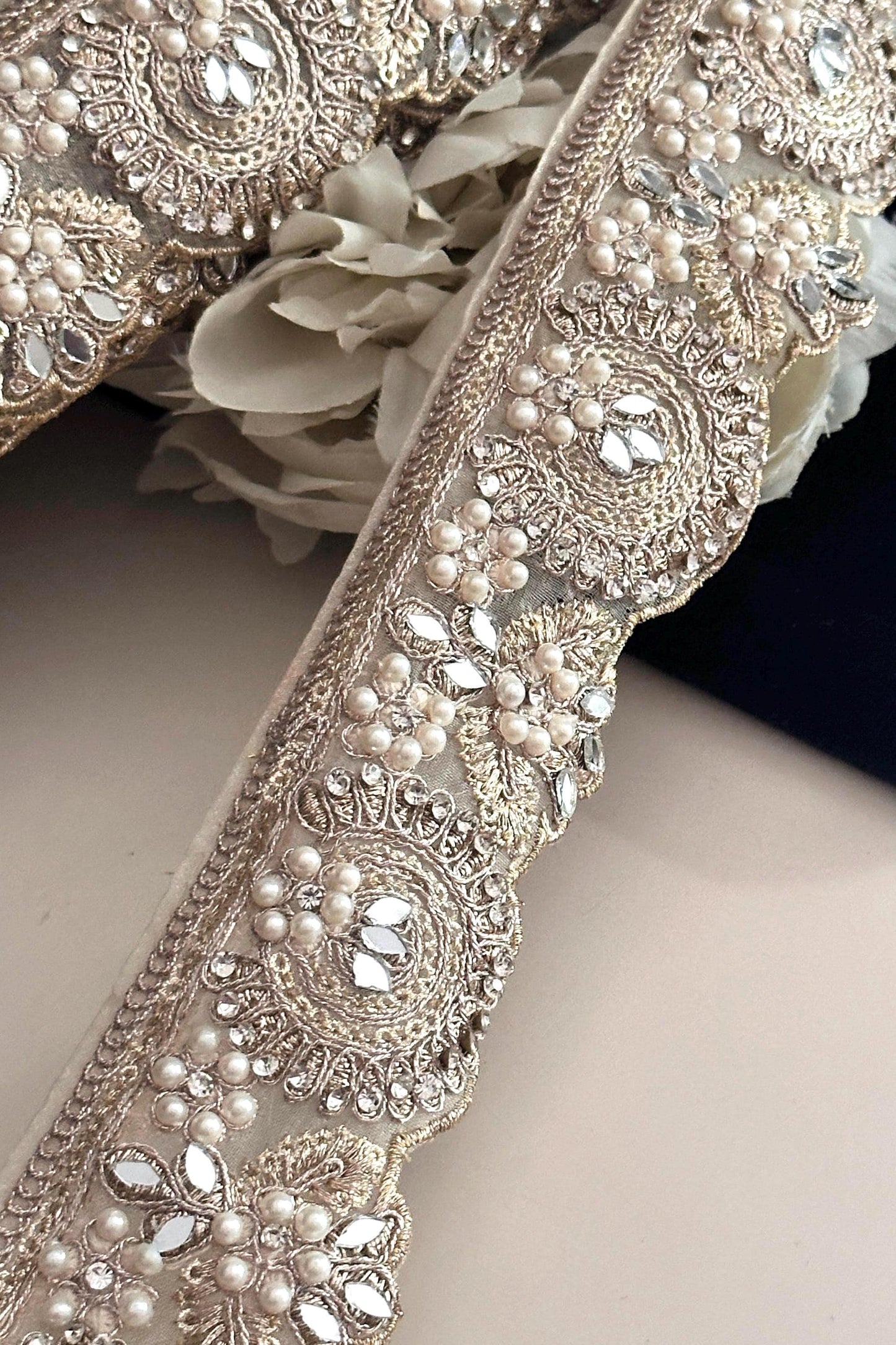 Luxury Light Pearl Zircon Embroidery Sari Border Edging Trim Wedding Dress Lace