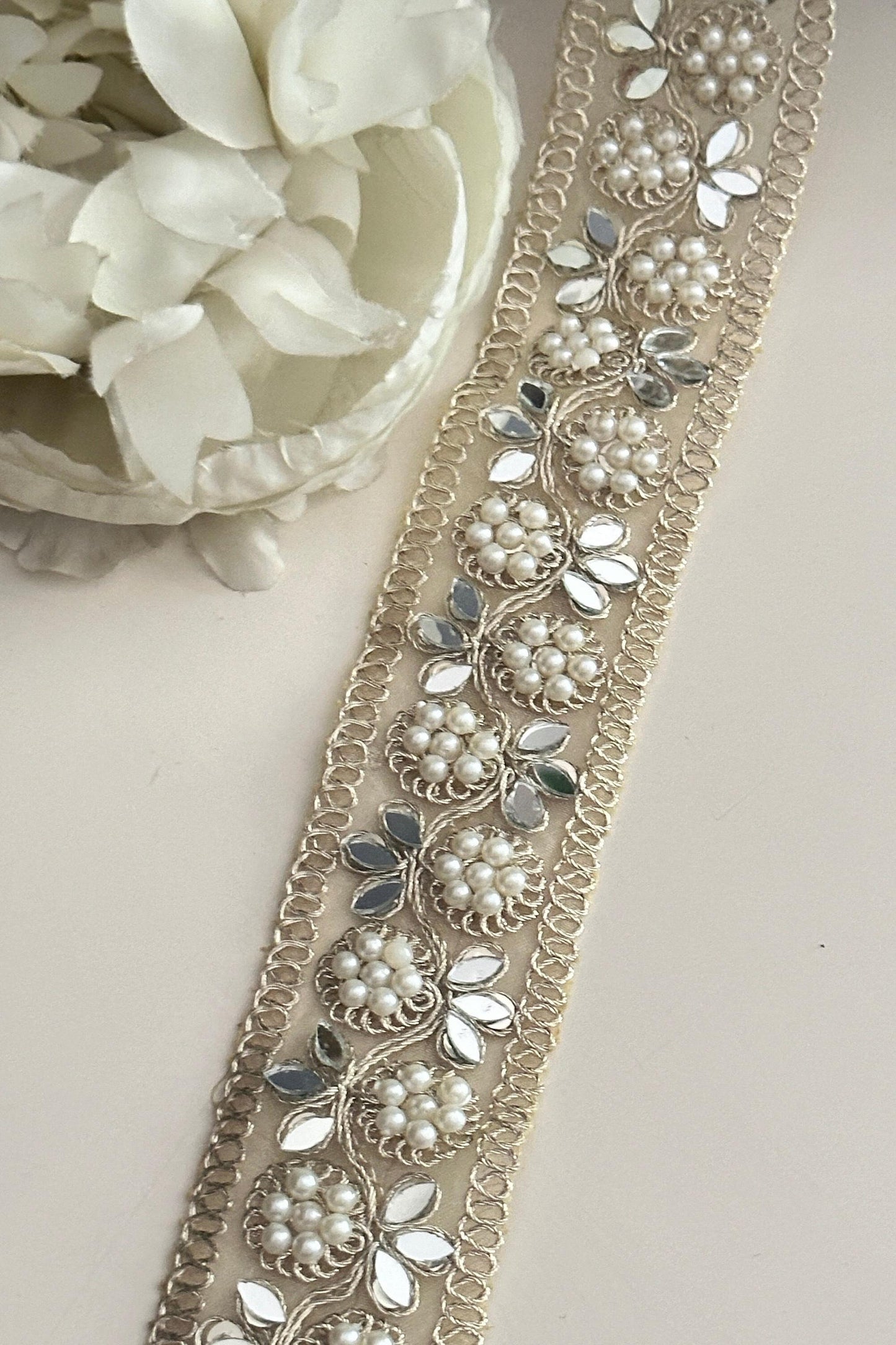 Pearl Gold Indian Embroidered Mirror Work Trim Zari Embroidery Vine Pattern