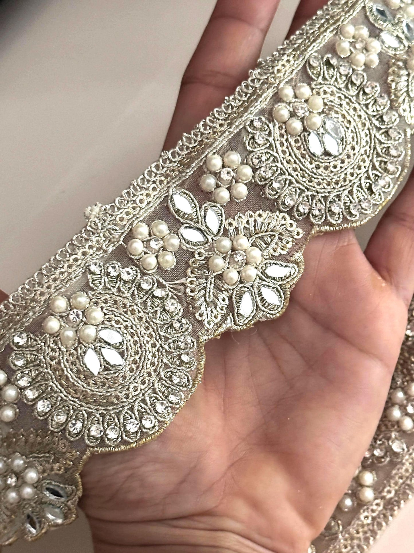 Luxury Light Pearl Zircon Embroidery Sari Border Edging Trim Wedding Dress Lace