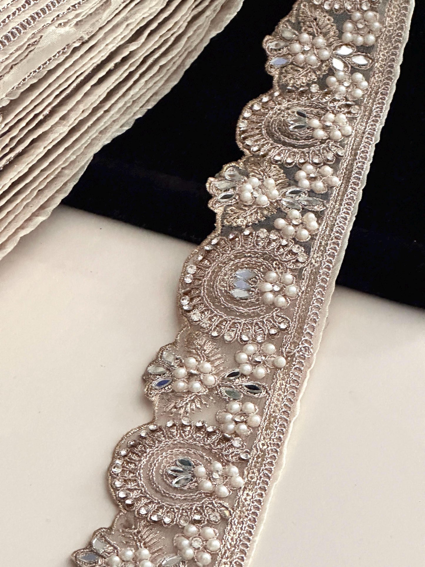 Luxury Light Pearl Zircon Embroidery Sari Border Edging Trim Wedding Dress Lace