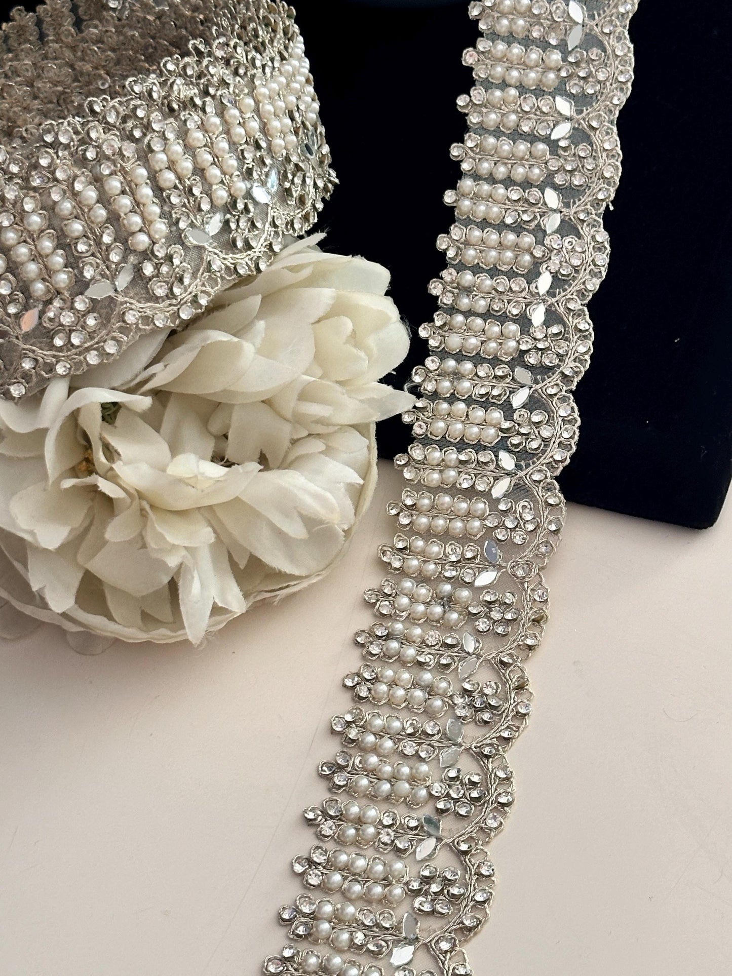 Light Gold crystal zircon mirror embellish Trim Indian Embroidered border