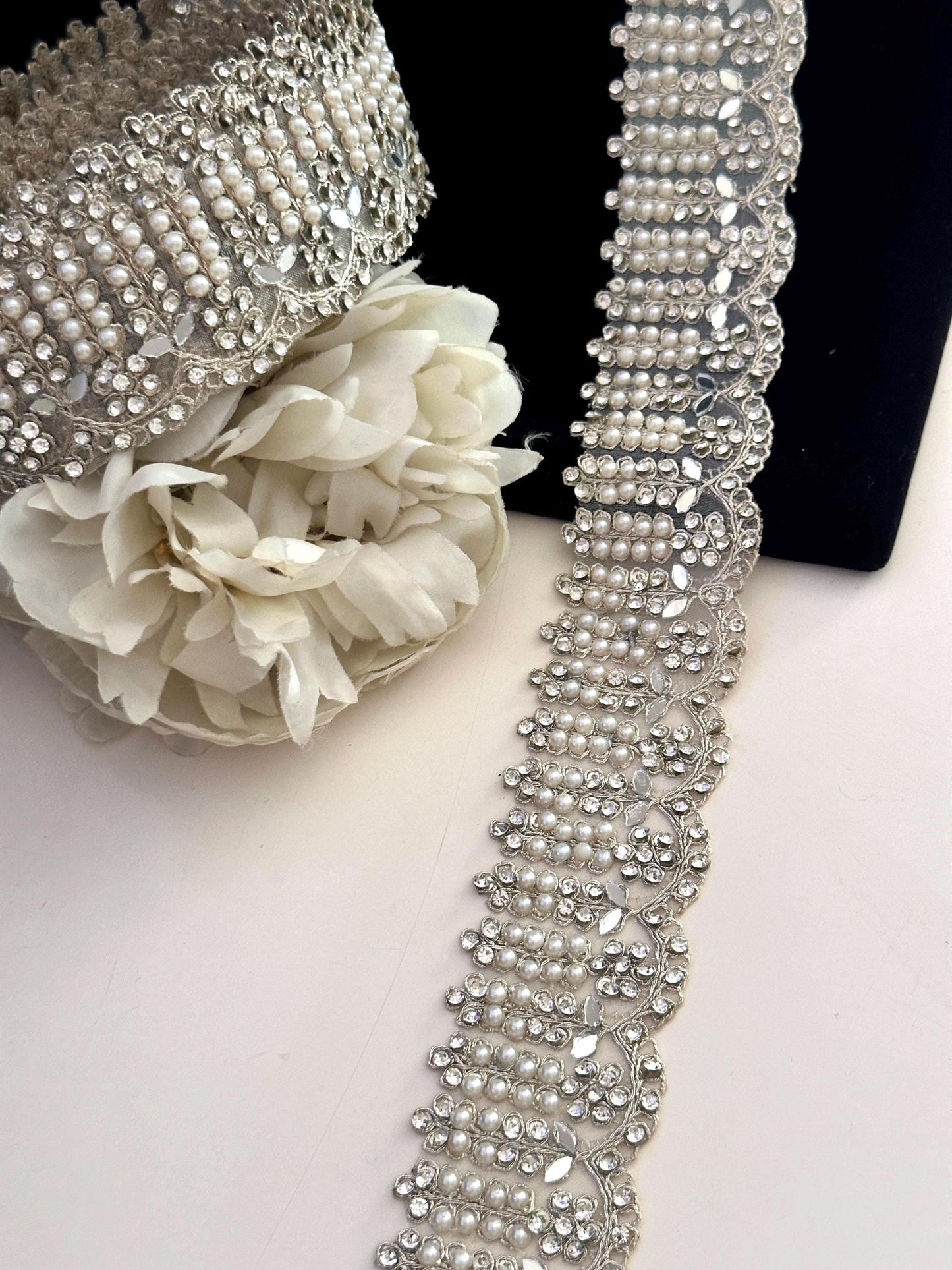 Light Gold crystal zircon mirror embellish Trim Indian Embroidered border