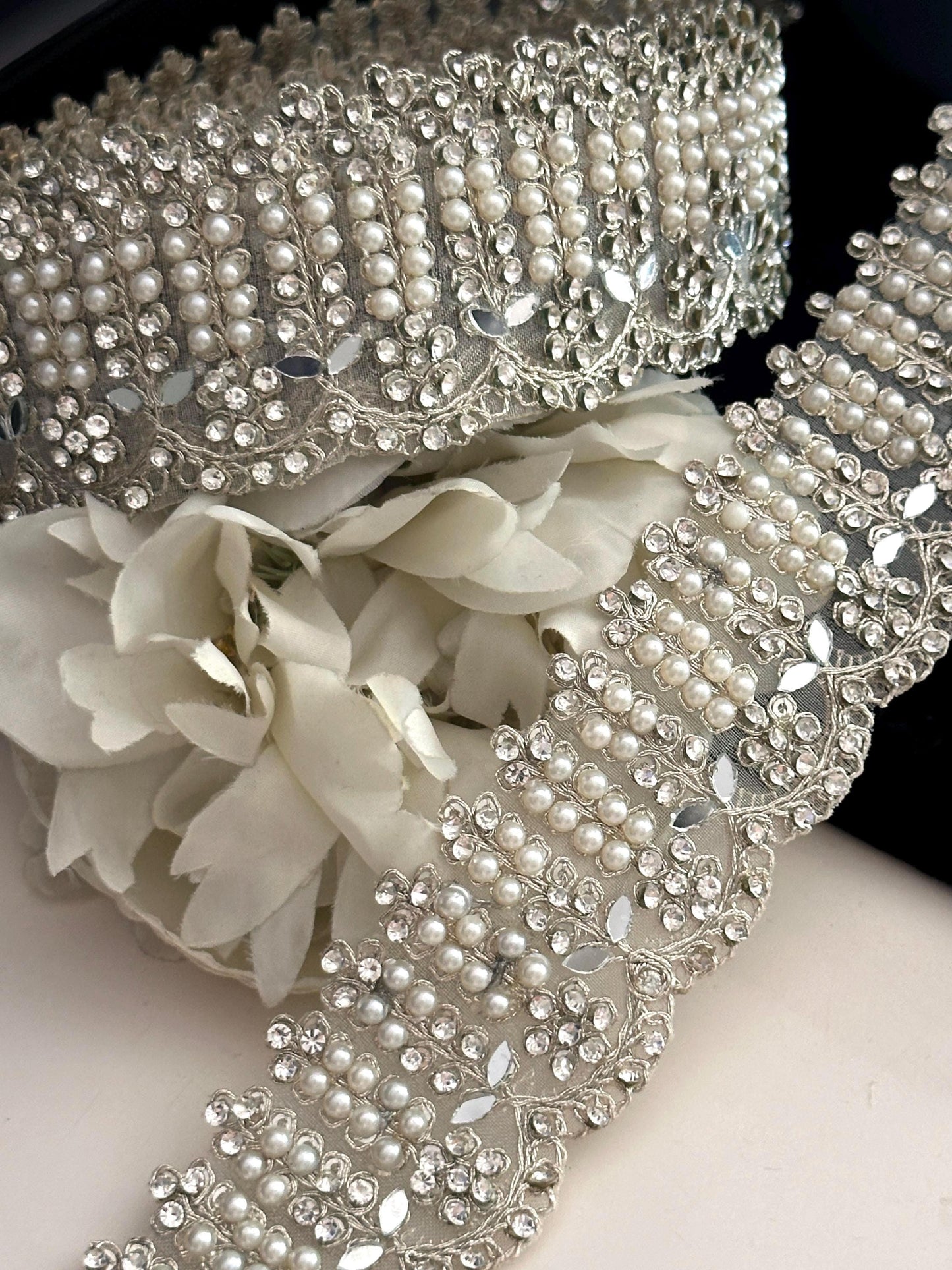 Light Gold crystal zircon mirror embellish Trim Indian Embroidered border