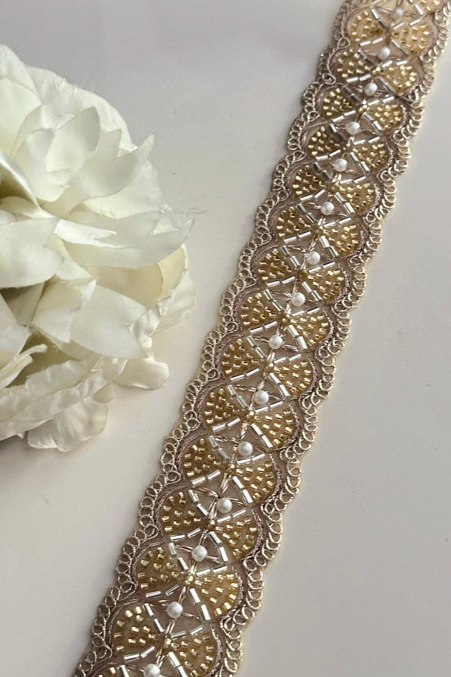 Gold Glass Bead Pearl 4cm Embellished Bridal Lace Crafting Cushion Lace Trim