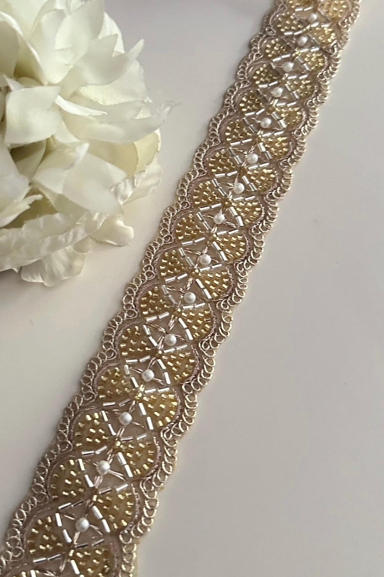 Gold Glass Bead Pearl 4cm Embellished Bridal Lace Crafting Cushion Lace Trim