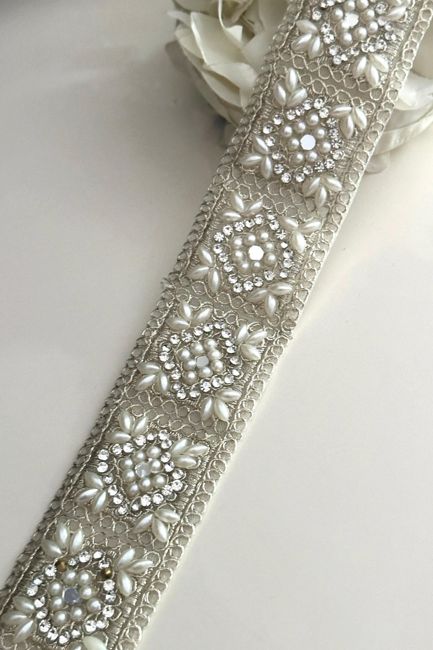 Silver pearl and crystal zircon 4.5cm embellished Indian border By yard sari trim