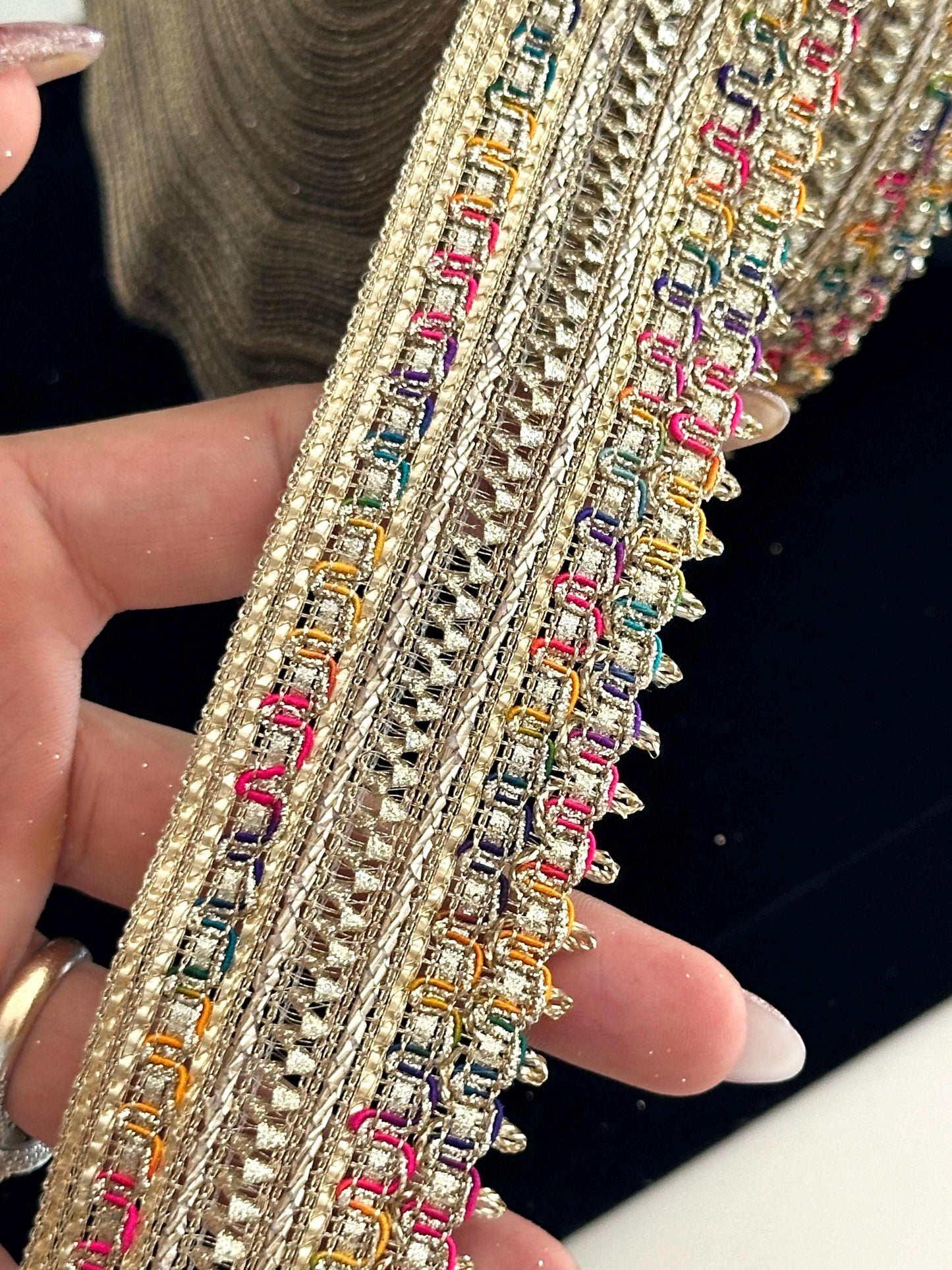 Rainbow Decor Metallic Lace With Sequin Thread Work Boho Zari Decorative Trim For crafting festive custom add-on bandana lace by yard