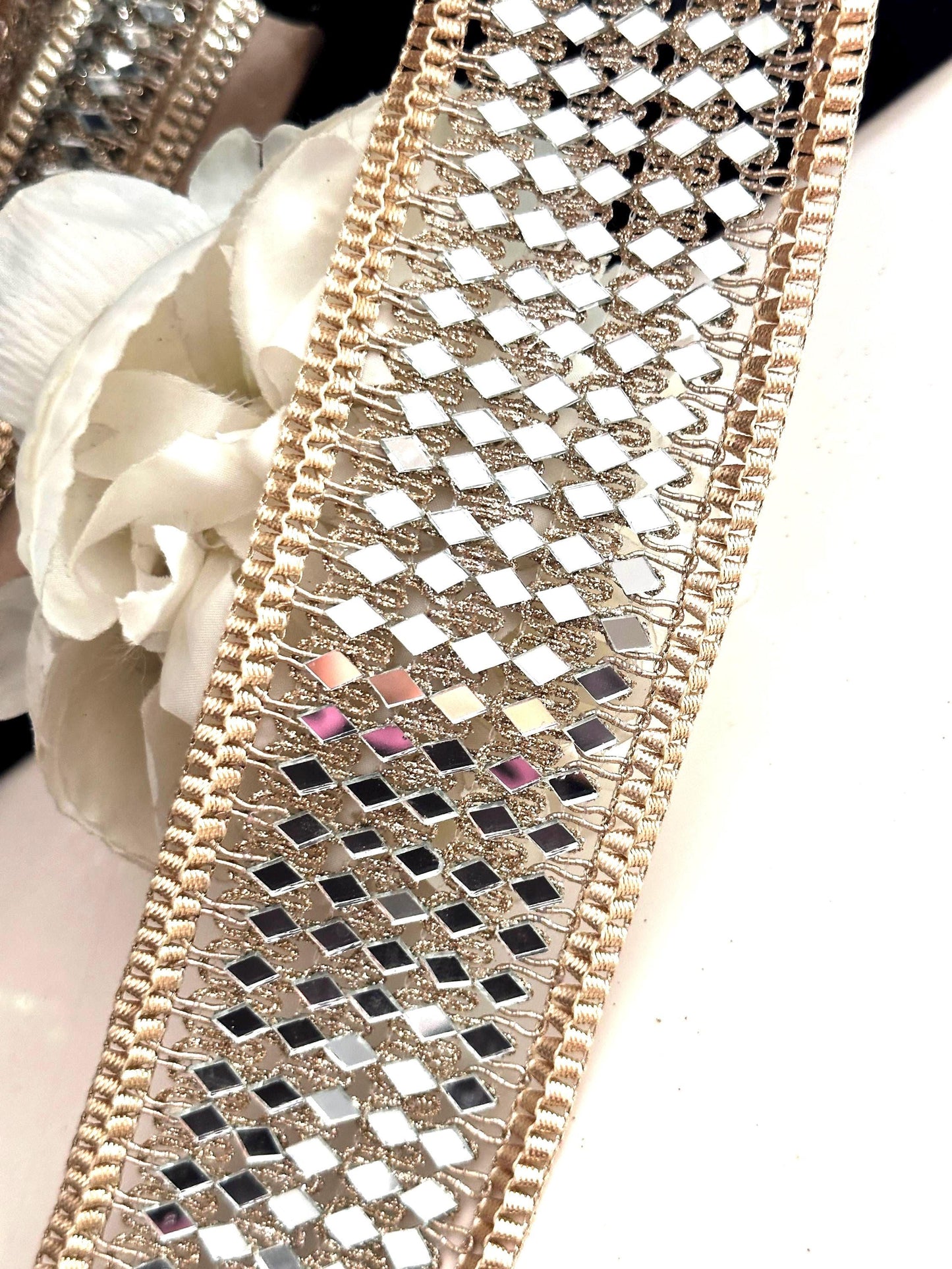 Choker Lace Trim Gold Mirror Costume AddOn Bridal Belt Sash for Wedding Dress