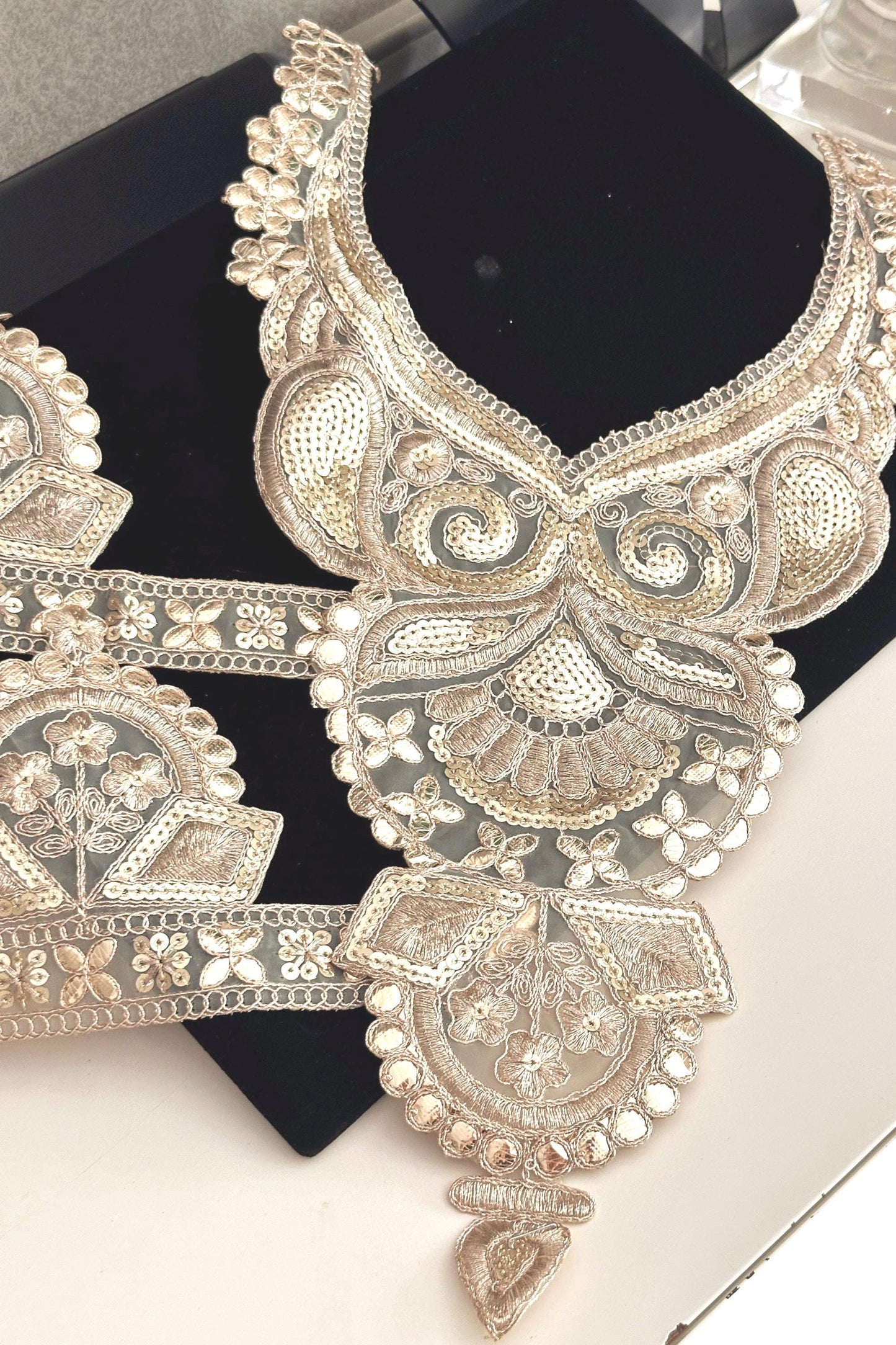 Gold Handmade Neckline Applique Patch Embroidered Zari Neckline With Lace