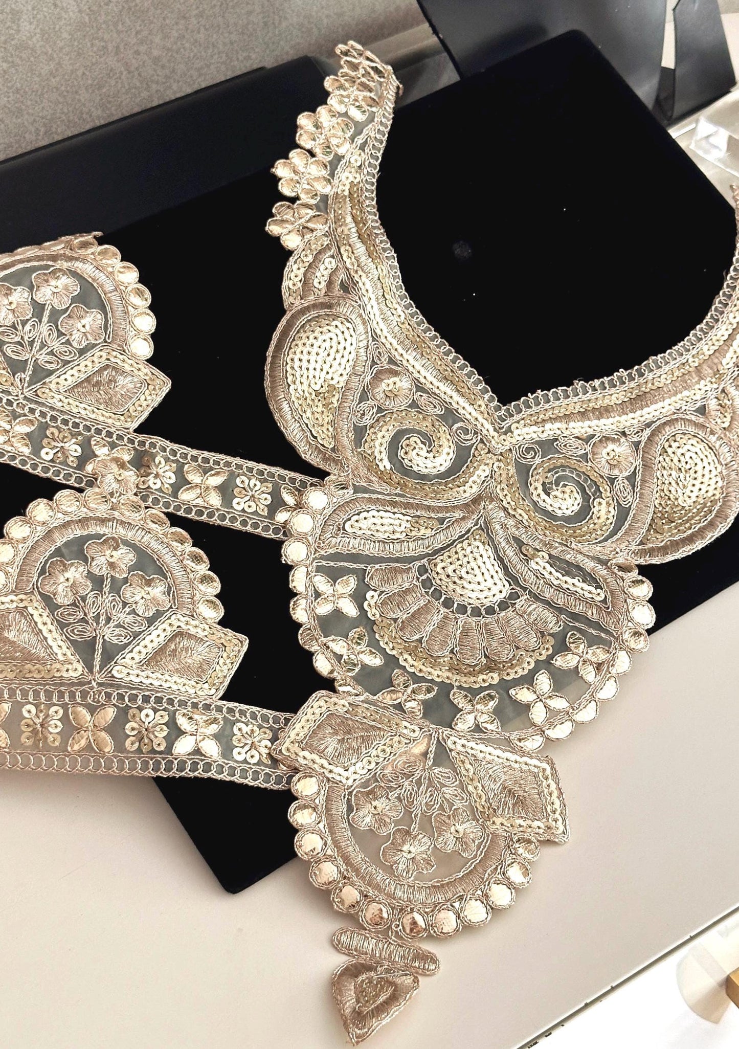 Gold Handmade Neckline Applique Patch Embroidered Zari Neckline With Lace