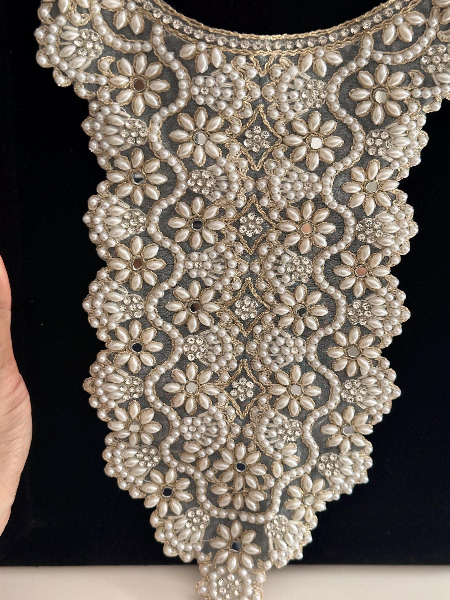 Neckline patch Applique Beaded Pearl Zircon Embroidered Applique Sew on