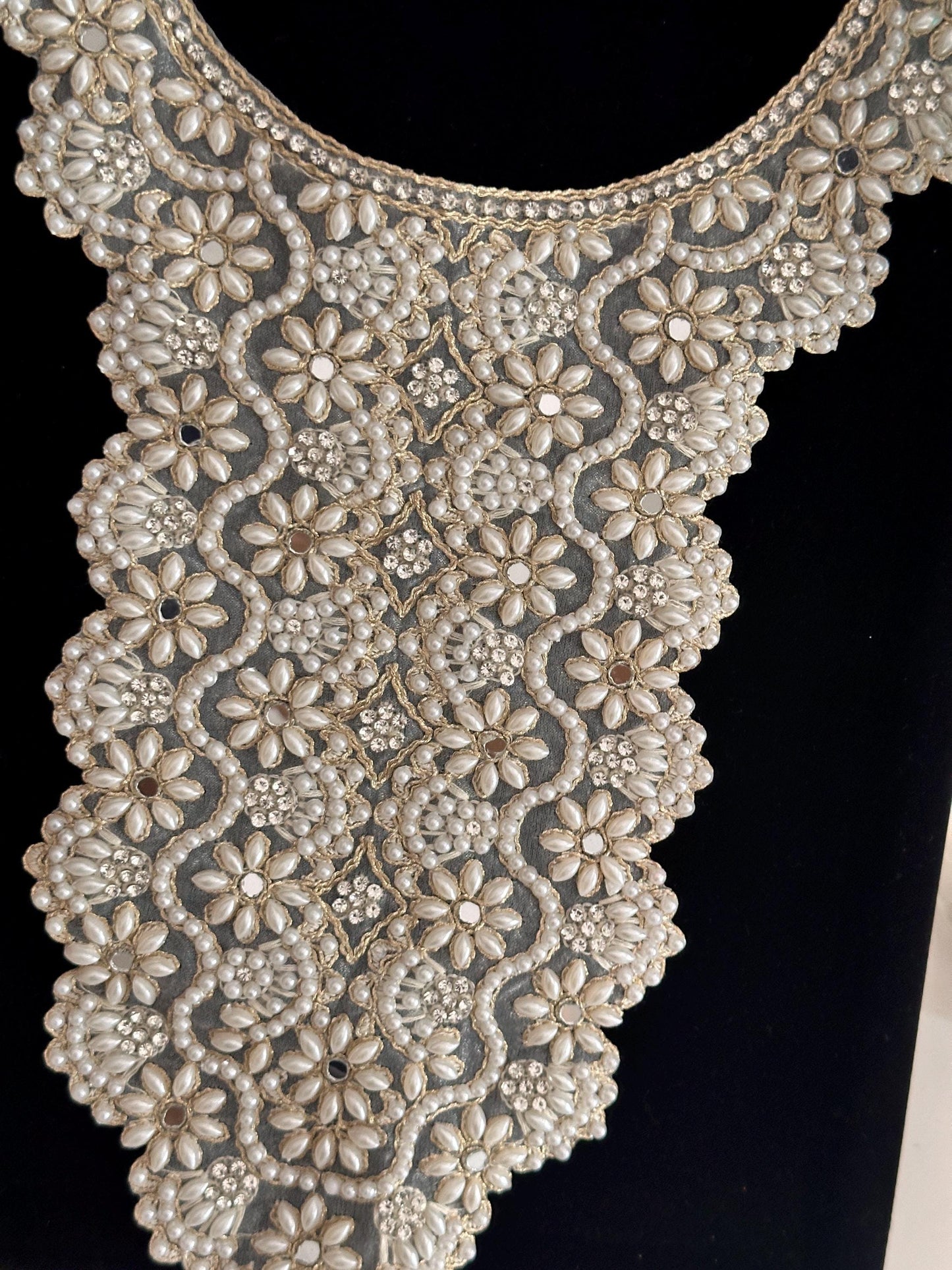Neckline patch Applique Beaded Pearl Zircon Embroidered Applique Sew on