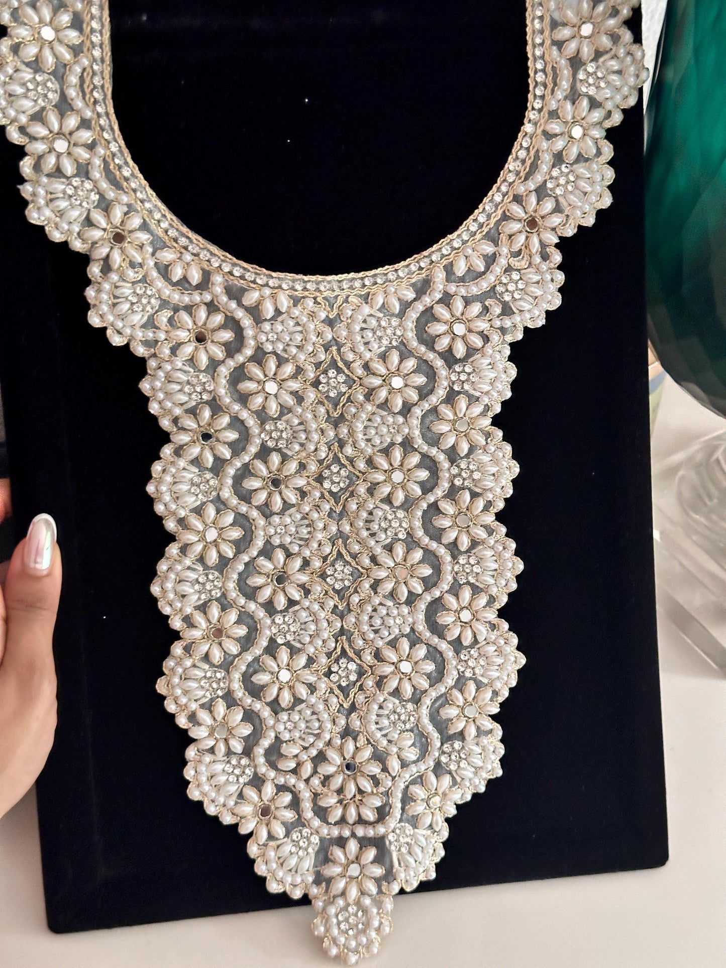 Neckline patch Applique Beaded Pearl Zircon Embroidered Applique Sew on