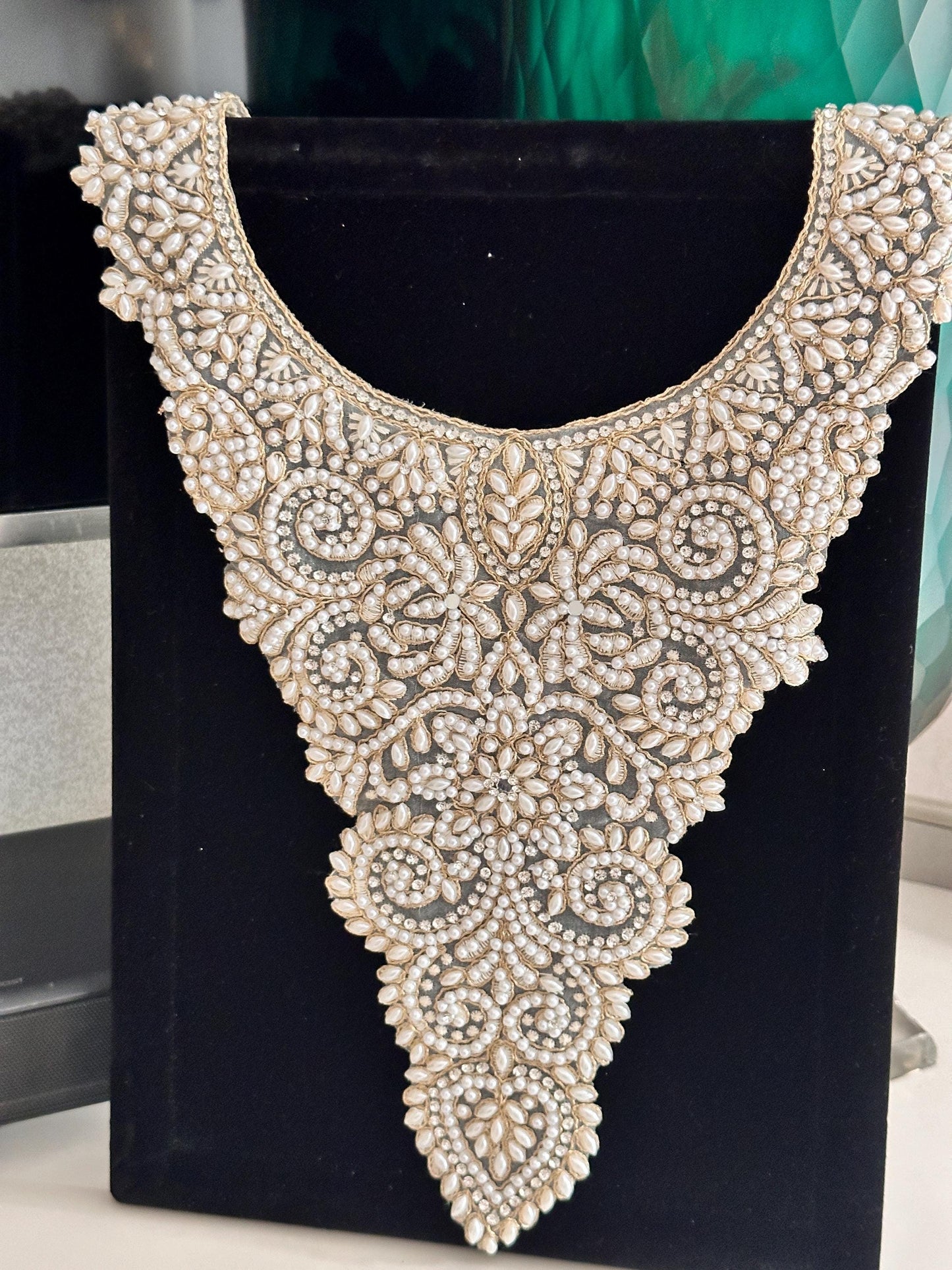 Pearl Beaded Neckline Patch Minimalist Indian Applique Costume Patch