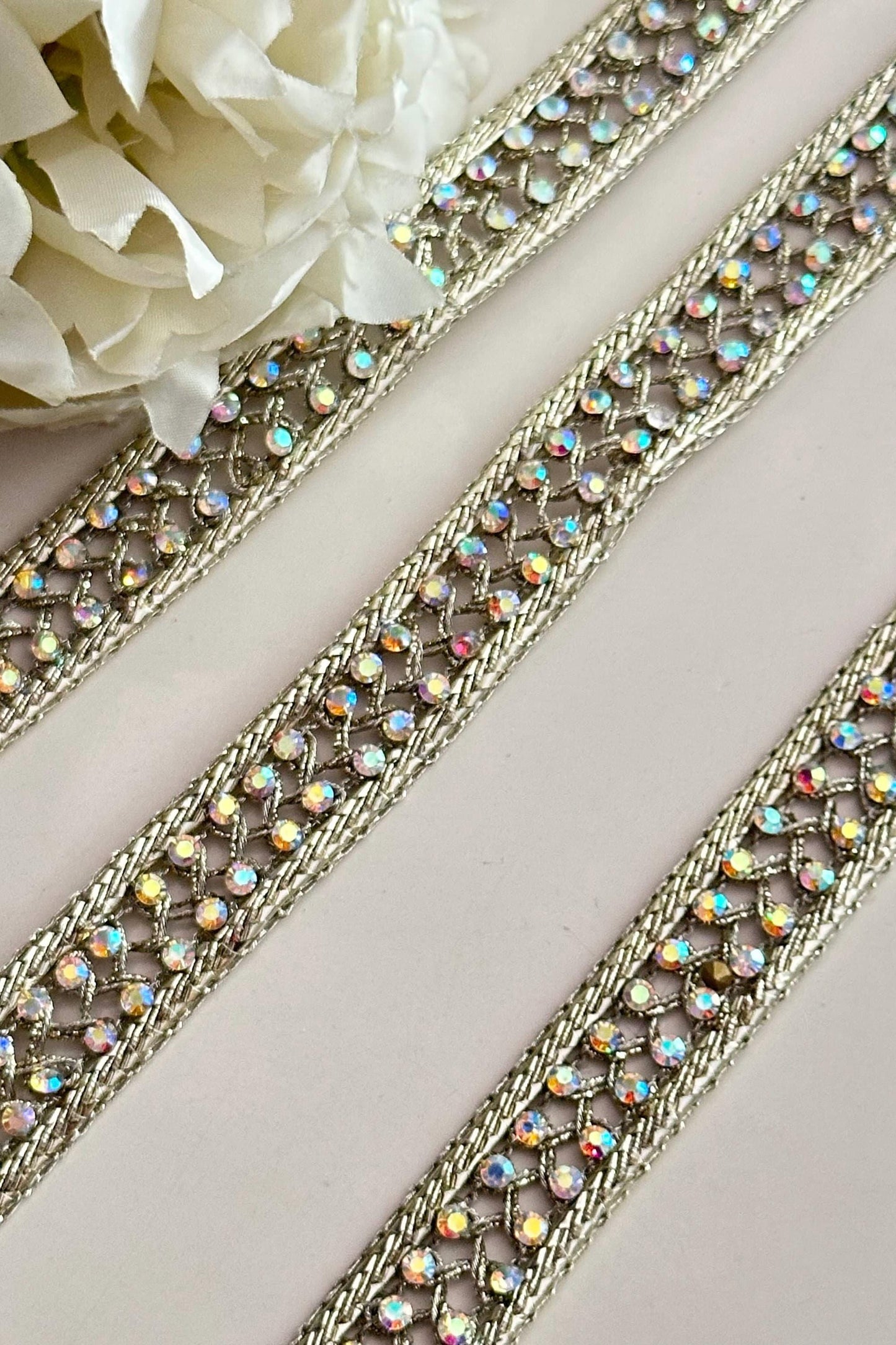 Rainbow Colour Zircon Stone Ribbon Lace trim Light Gold Zari Thread for Festive wear Christmas decor Gifting Idea Headband Lace Sew on trim